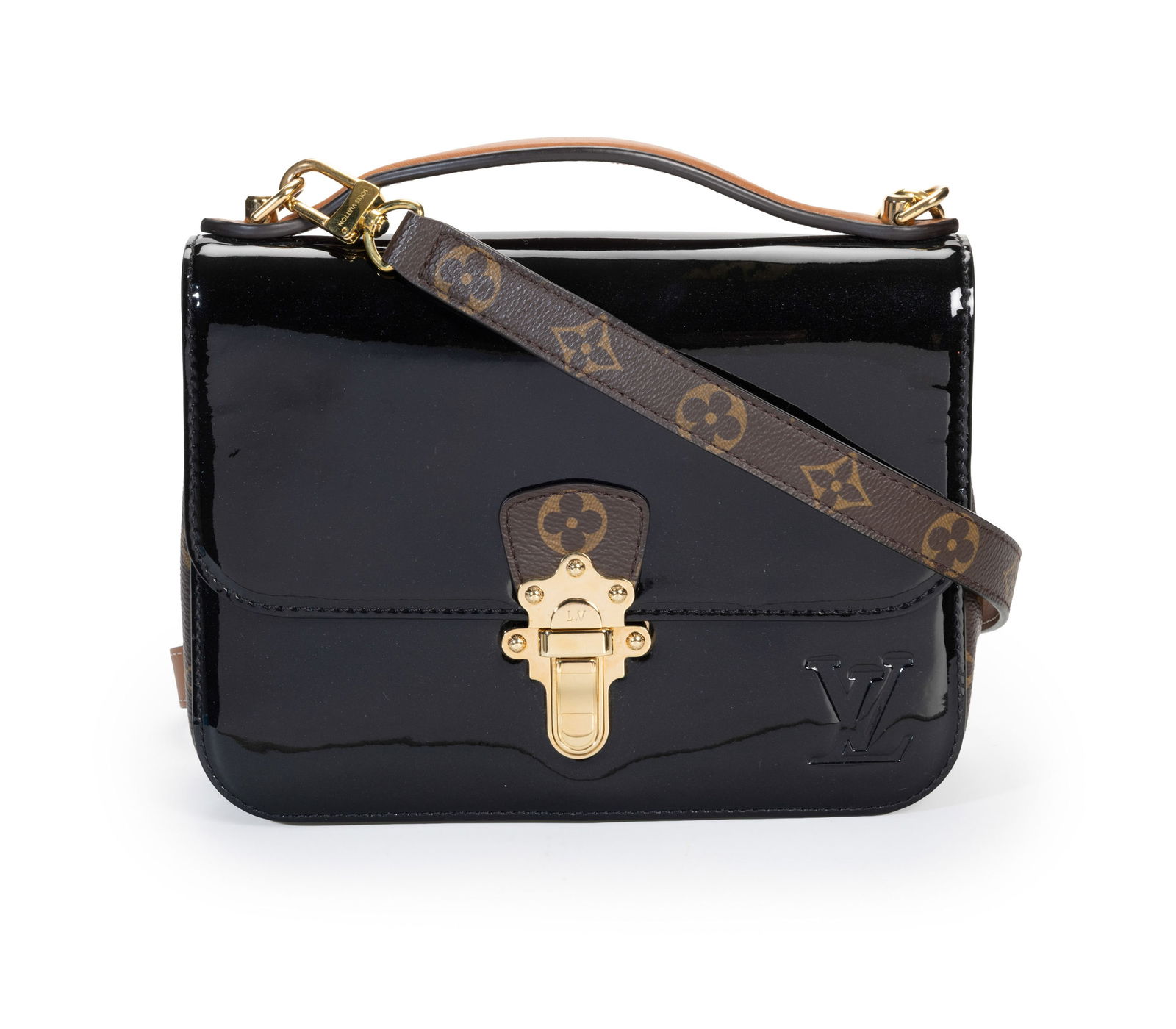 Louis Vuitton, sac Cherrywood BB en cuir vernis noir et toile enduite Monogram, poignée sur le : Louis Vuitton, sac Cherrywood BB en cuir vernis noir et toile enduite Monogram, poignée sur le dessus en cuir, bandoulière en toile MN doublé de cuir, housse, 17x22 cm ConditionComme