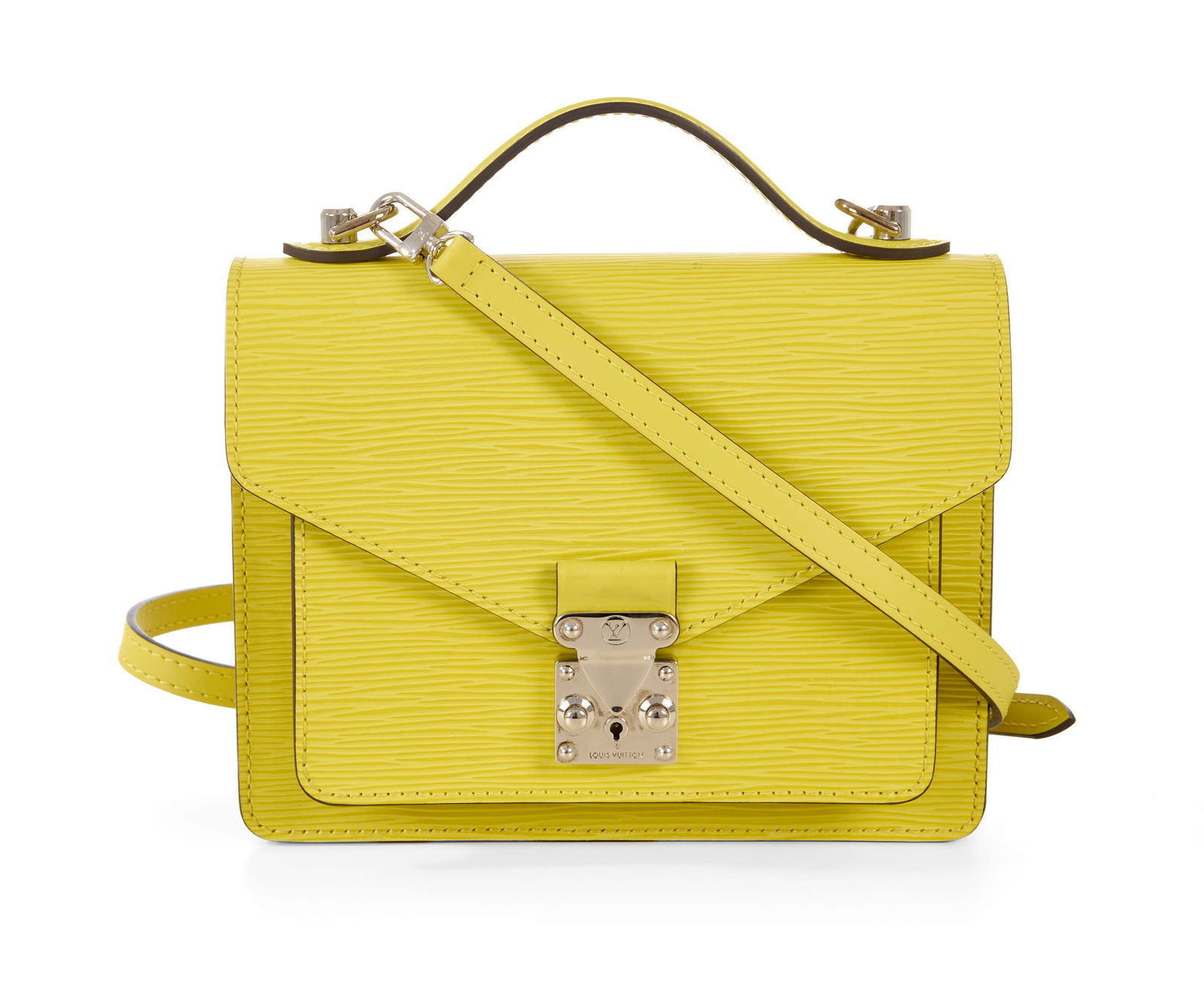 Louis Vuitton, sac Monceau en cuir épi jaune citron, poignée sur le dessus, bandouliè: Louis Vuitton, sac Monceau en cuir épi jaune citron, poignée sur le dessus, bandoulière, 16x20 cm ConditionTrès bon état de conservation Présence de quelques tâches