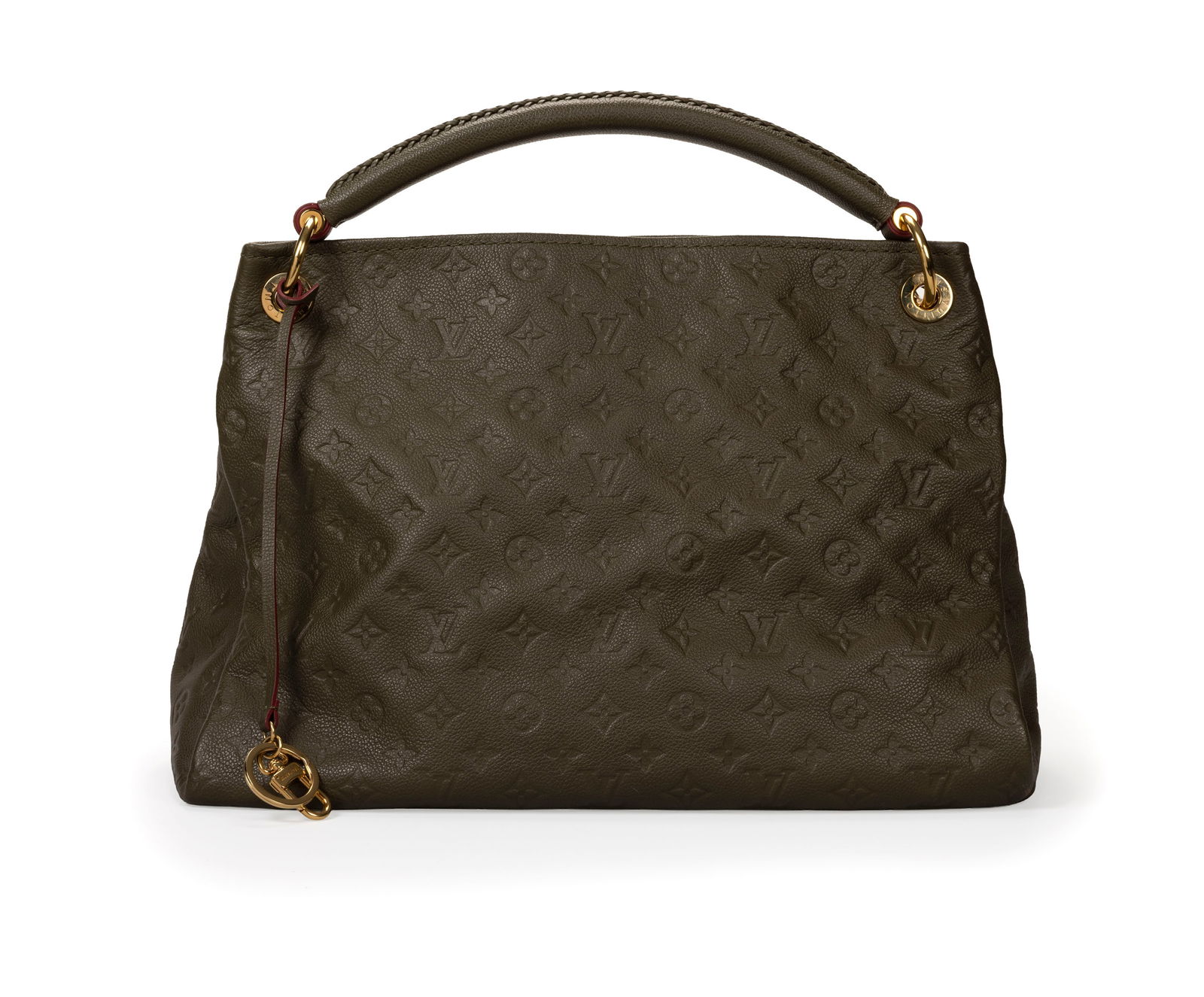 Louis Vuitton, sac Artsy en cuir grainé Kaki empreinte Monogram, finition rouge, 30x42 cm: Louis Vuitton, sac Artsy en cuir grainé Kaki empreinte Monogram, finition rouge, 30x42 cm