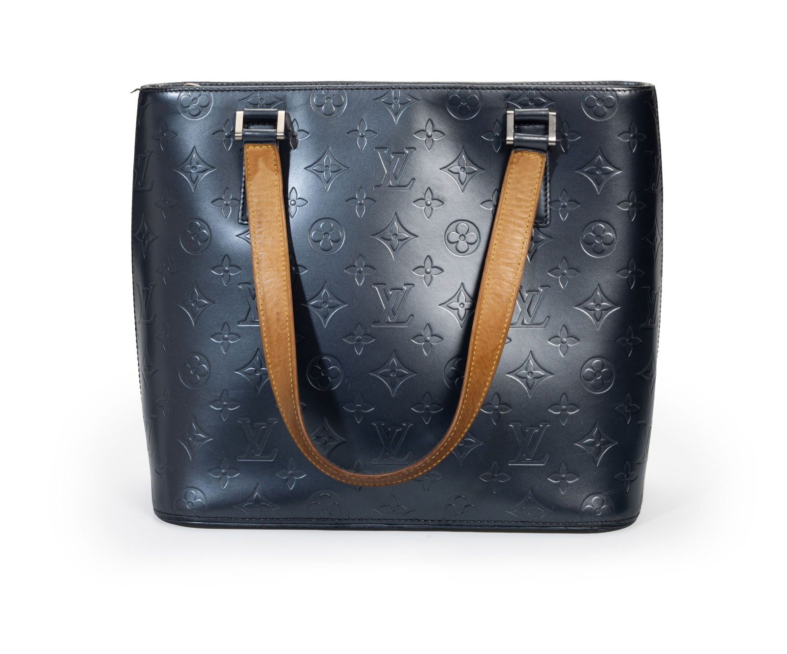 Louis Vuitton, sac Stockton en cuir vernis bleu empreinte Monogram, housse, 26x30 cm: Louis Vuitton, sac Stockton en cuir vernis bleu empreinte Monogram, housse, 26x30 cm