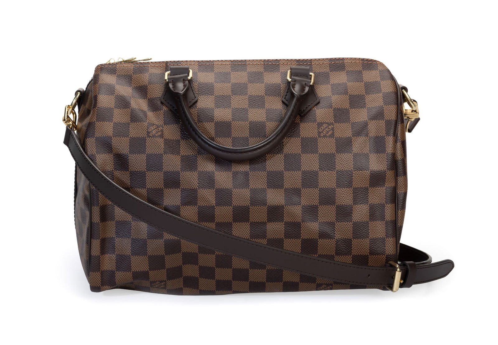 Louis Vuitton, sac Speedy 30 en toile enduite damier ébène et cuir marron, 2019, bandouli&: Louis Vuitton, sac Speedy 30 en toile enduite damier ébène et cuir marron, 2019, bandoulière en cuir marron avec deux boucles, intérieur en toile rouge, 22x30 cm Condition Comme ne