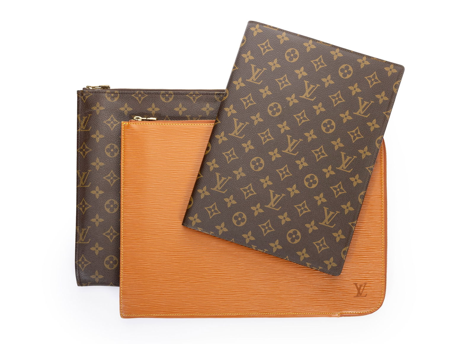 Louis Vuitton, suite de 2 porte-documents et 1 bloc-note taille A4: l'un en cuir épi fauve, l'a (1 of 2)