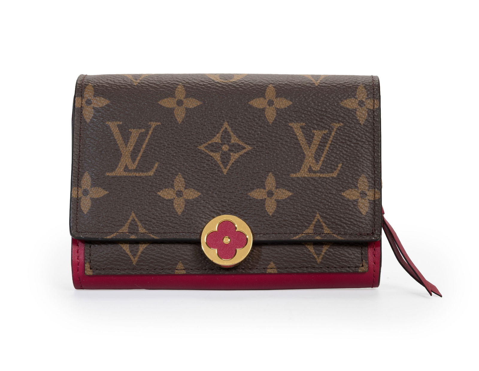 Louis Vuitton, portefeuille Flore compact en toile enduite Monogram et cuir rose framboise, housse, : Louis Vuitton, portefeuille Flore compact en toile enduite Monogram et cuir rose framboise, housse, 9,5x13,5 cm ConditionExcellent état - peu porté 