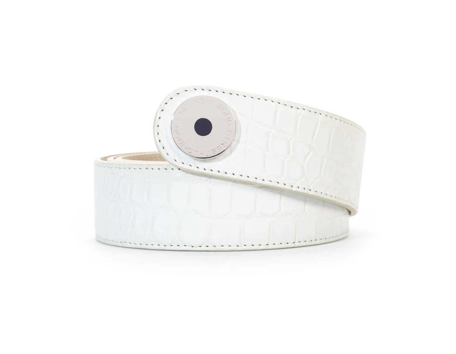 Asprey, ceinture en alligator blanc mat, boucle rond ciselé 197 New Bond Street. T96: Asprey, ceinture en alligator blanc mat, boucle rond ciselé 197 New Bond Street. T96 