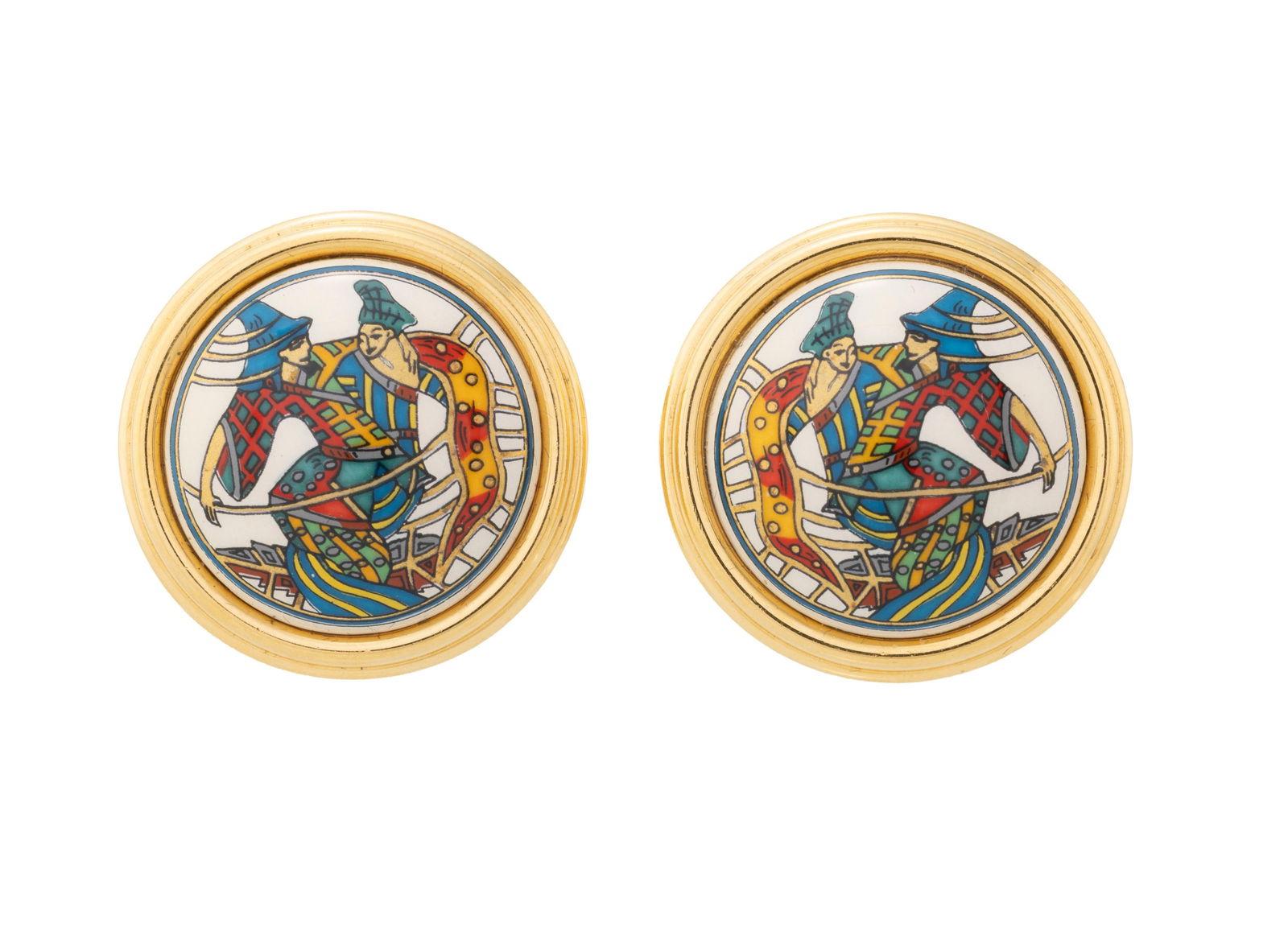 Hermès, paire de clips d’oreille en métal doré et émail, boîte, diam.: Hermès, paire de clips d’oreille en métal doré et émail, boîte, diam. 2,5 cm 