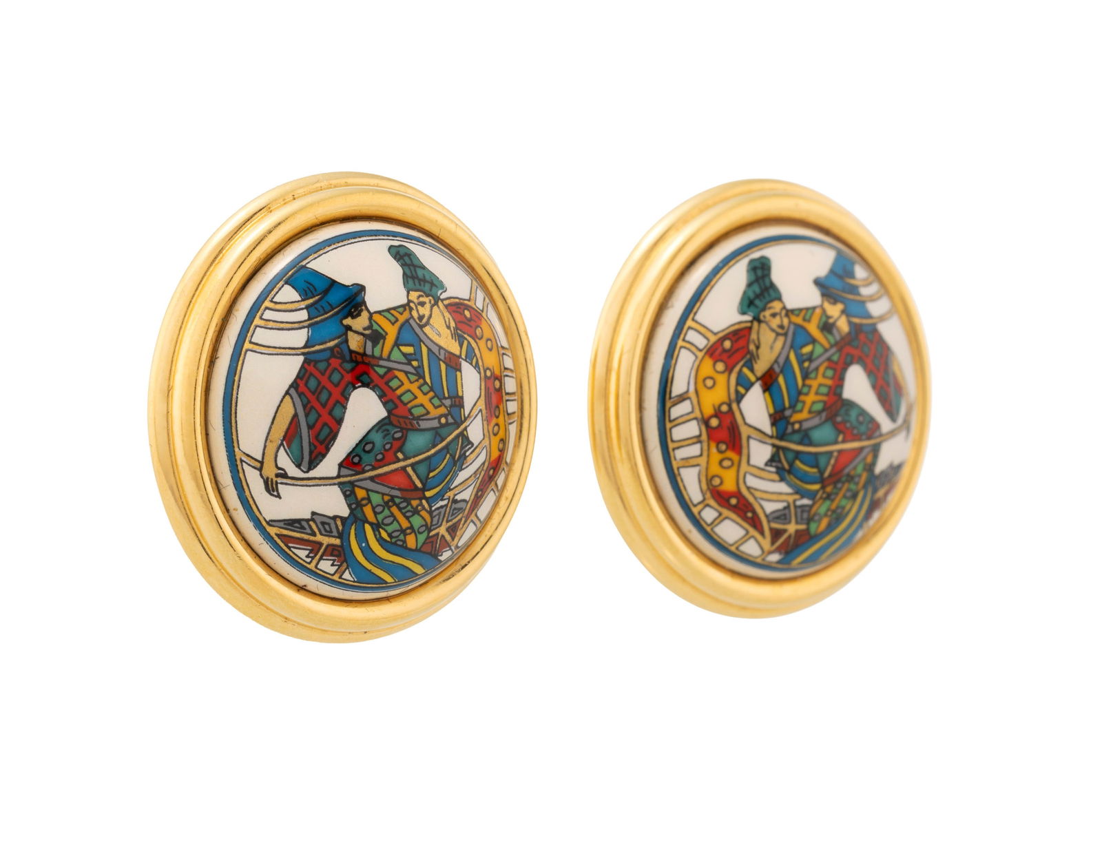 Hermès, paire de clips d’oreille en métal doré et émail, boîte, diam. - 2