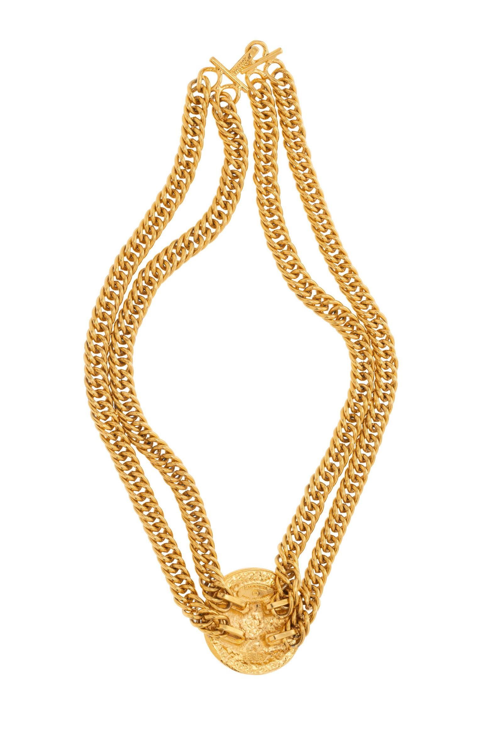 Chanel, tour du cou à chainette en métal doré composé de 2 rangs centré d'u - 3