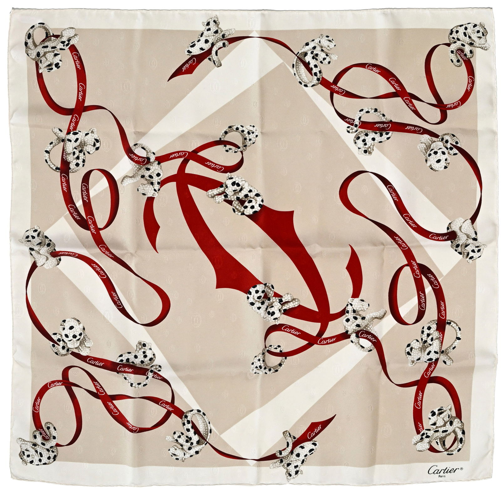 Cartier, carré en twill de soie imprimé de rubans et panthères bijoutés, 68x68 c: Cartier, carré en twill de soie imprimé de rubans et panthères bijoutés, 68x68 cm ConditionBon état de conservation Sans son étiquette 