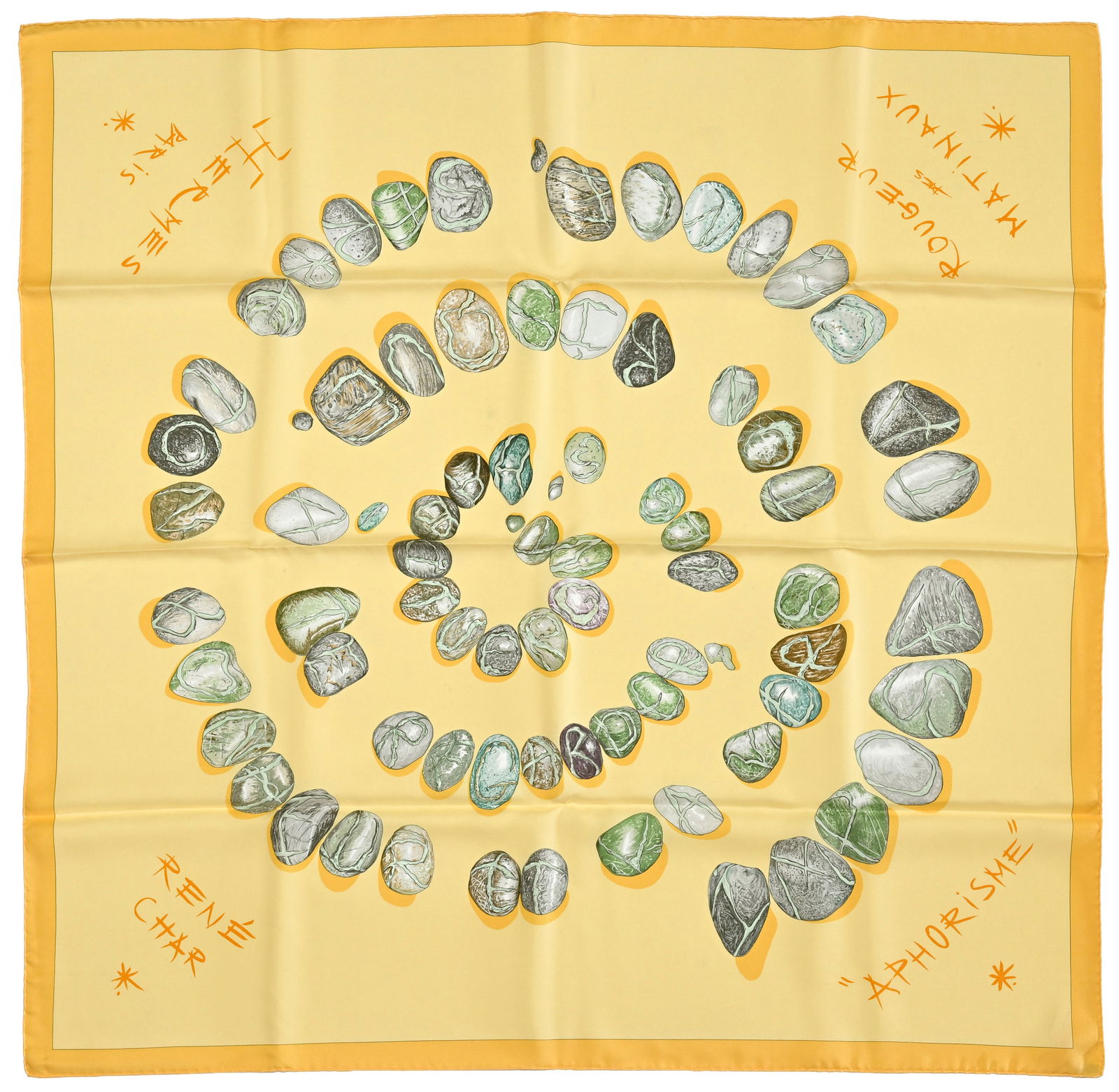 Hermès, carré en twill de soie imprimé: Aphorismes, fond jaune boîte, 90x90 cm (1 of 1)