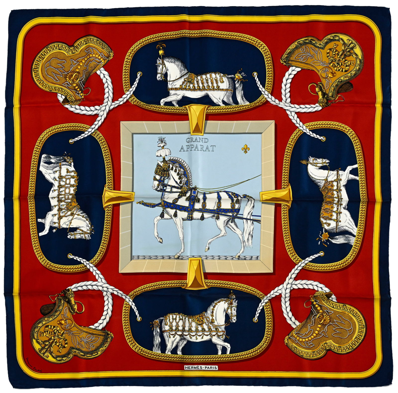 Hermès, carré en twill de soie imprimé: Grand Apparat, boîte, 90x90 cm (1 of 1)