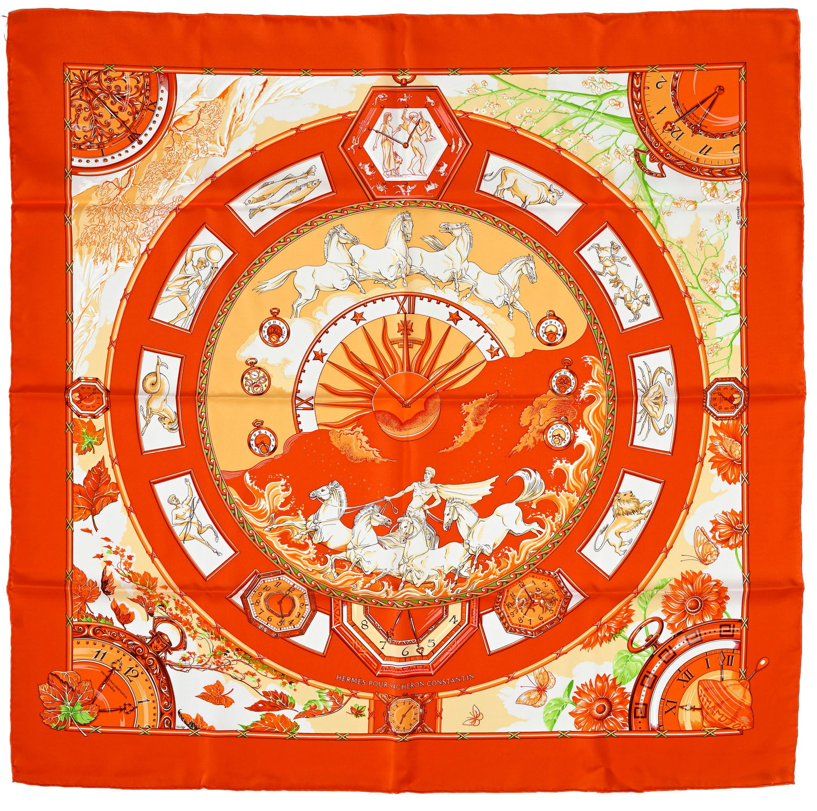 Hermès, carré en twill de soie imprimé: Hermès pour Vacheron Constantin, fond or (1 of 1)