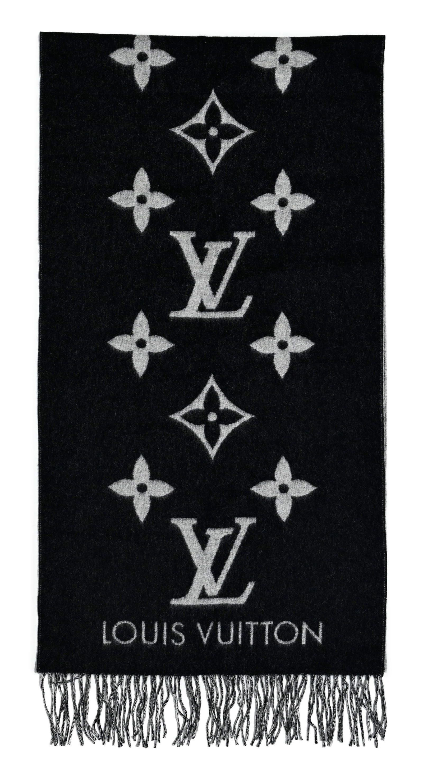 Louis Vuitton, écharpe Reykjavik en cachemire à tissage jacquard noir sur gris clair, 190x: Louis Vuitton, écharpe Reykjavik en cachemire à tissage jacquard noir sur gris clair, 190x45 cm Condition100% cachemire Encore avec étiquette boutique 