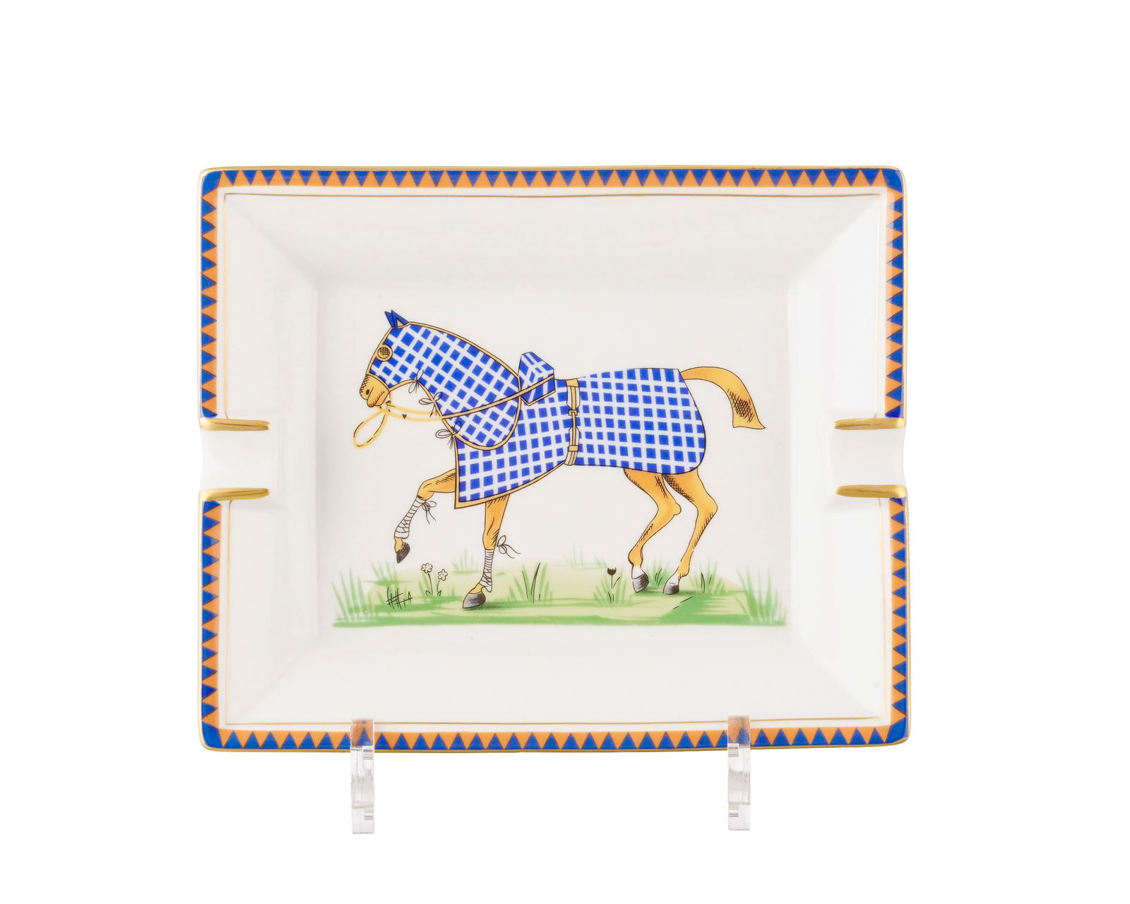 Vide-poche cendrier en porcelaine, Hermès, Paris, à décor de cheval, 19x15,5 cm: Vide-poche cendrier en porcelaine, Hermès, Paris, à décor de cheval, 19x15,5 cm