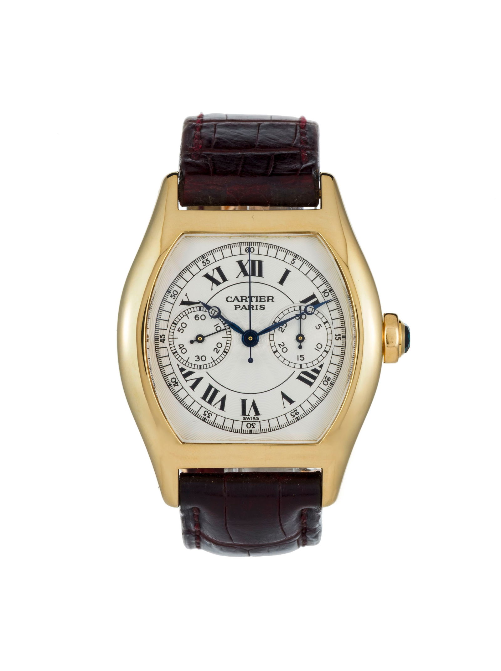 Cartier, Tortue, réf. 2356, montre chronographe monopoussoir en or 750, circa 1999 Mouvement:: Cartier, Tortue, réf. 2356, montre chronographe monopoussoir en or 750, circa 1999 Mouvement: cal. 045 MC, mécanique, 22 rubis Boîtier: n°0634CC, larg. 34 mm, fond en verre laissan