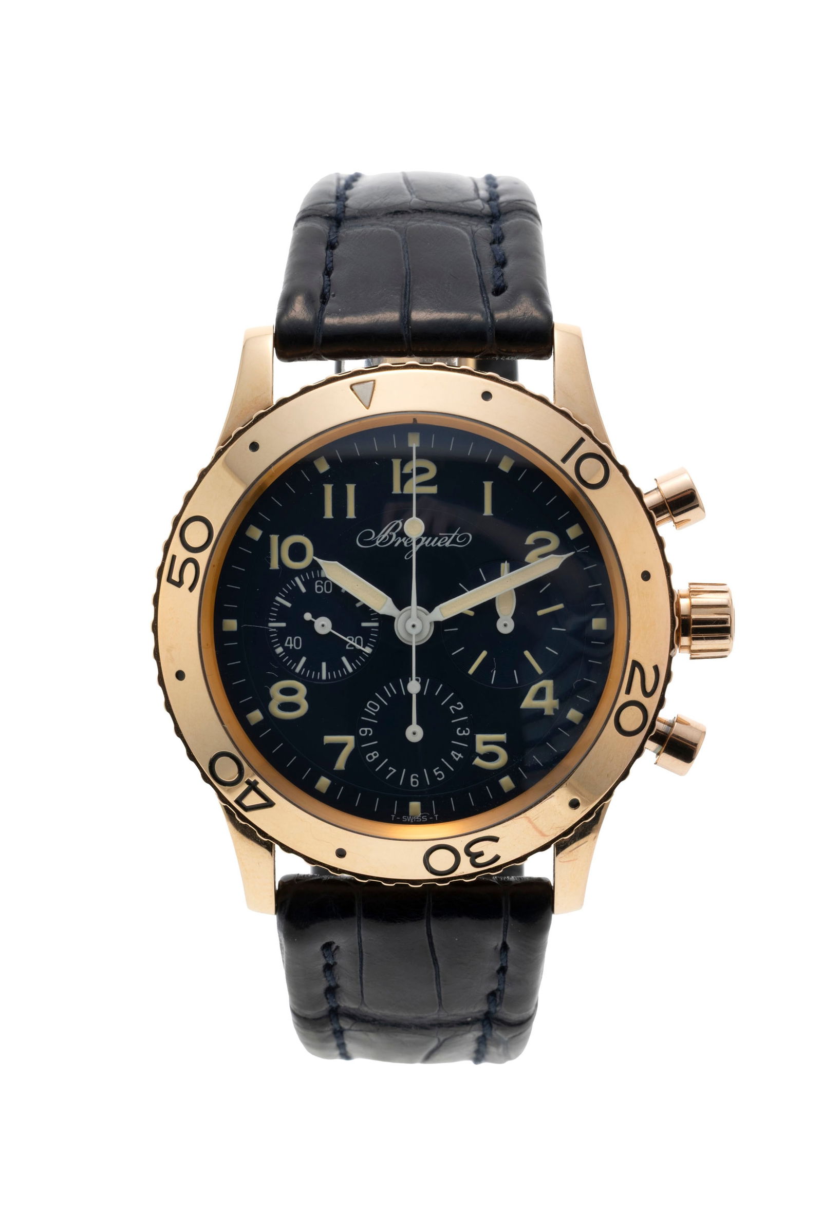 Breguet, Type XX Aeronavale, réf. 3800, montre chronographe en or rose 750 Mouvement: cal. 58: Breguet, Type XX Aeronavale, réf. 3800, montre chronographe en or rose 750 Mouvement: cal. 582, automatique, 25 rubis, n°6485 Boîtier: n°2029 H, diam. 39 mm, lunette tournante bidi