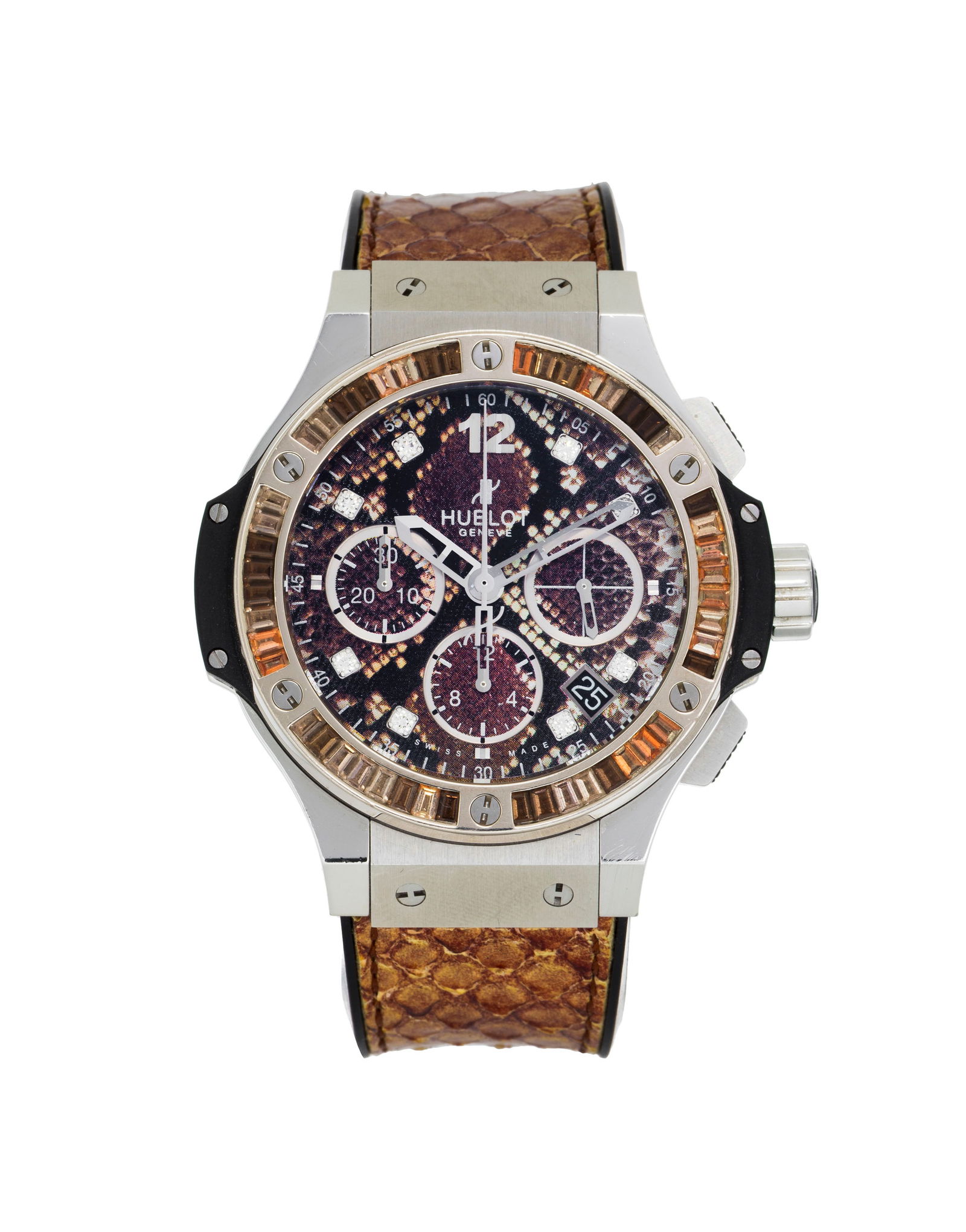 Hublot, Boa Bang, réf. 341.SX.7917.PR.1979, Ed. Limitée n°070/250, montre chronograph: Hublot, Boa Bang, réf. 341.SX.7917.PR.1979, Ed. Limitée n°070/250, montre chronographe en titane et acier sertie d'andalousite et de quartz fumé, index sertis de diamants Mouvement