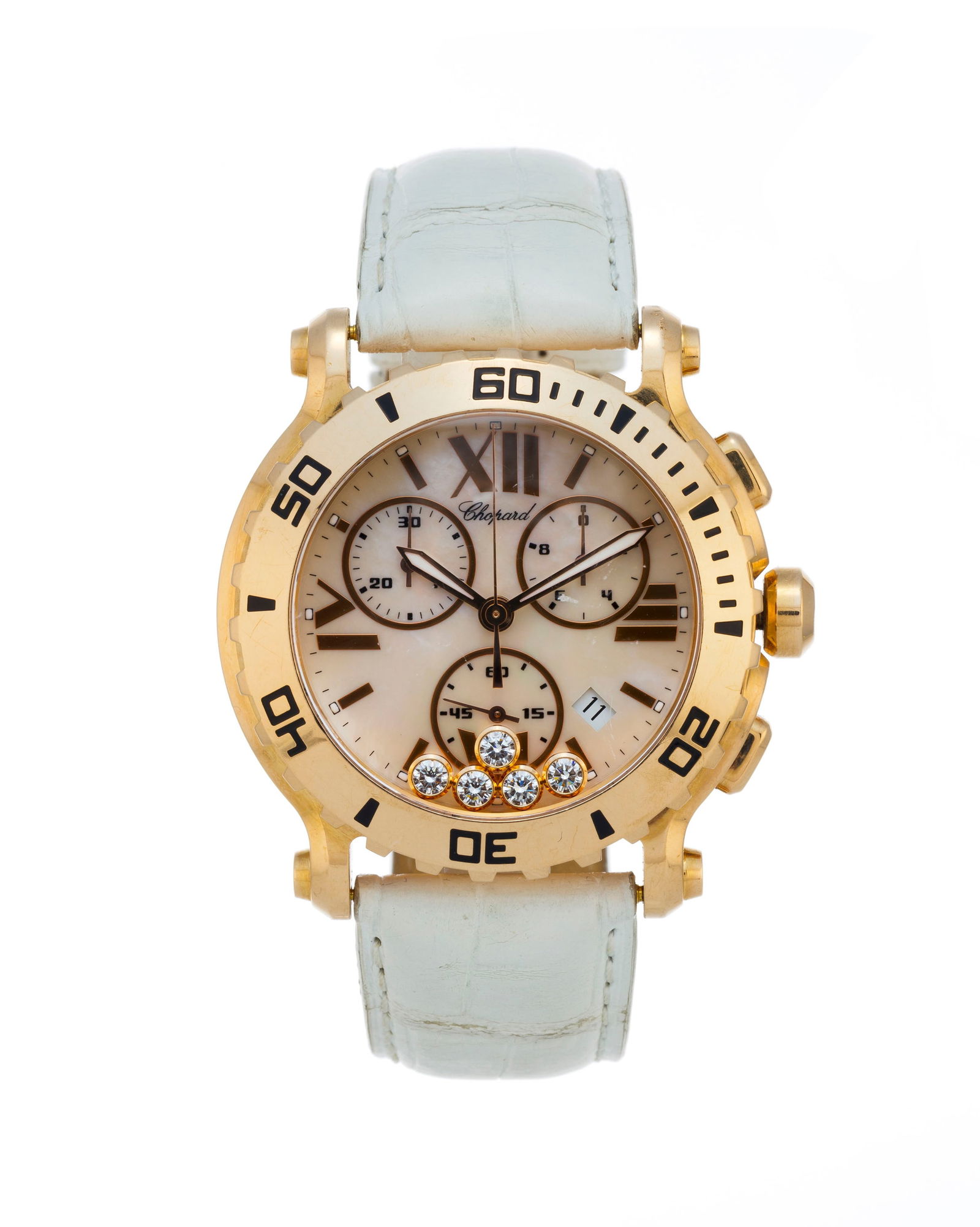 Chopard, Happy Sport, réf. 1269, montre chronographe en or rose 750 ornée d'un cadran en n: Chopard, Happy Sport, réf. 1269, montre chronographe en or rose 750 ornée d'un cadran en nacre rehaussé de 5 diamants mobiles Mouvement: cal. ETA 251.372, quartz, 22 rubis Boîtier: