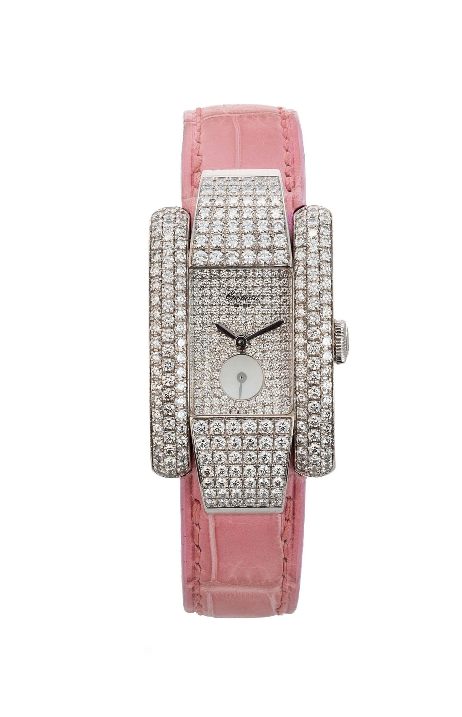 Chopard, Strada, réf. 41/6847/5280, montre petite seconde en or gris 750 avec cadran et lunette: Chopard, Strada, réf. 41/6847/5280, montre petite seconde en or gris 750 avec cadran et lunette pavés de diamants, compteur en nacre Mouvement: cal. ETA 980.153, quartz, 11 rubis Boîtie