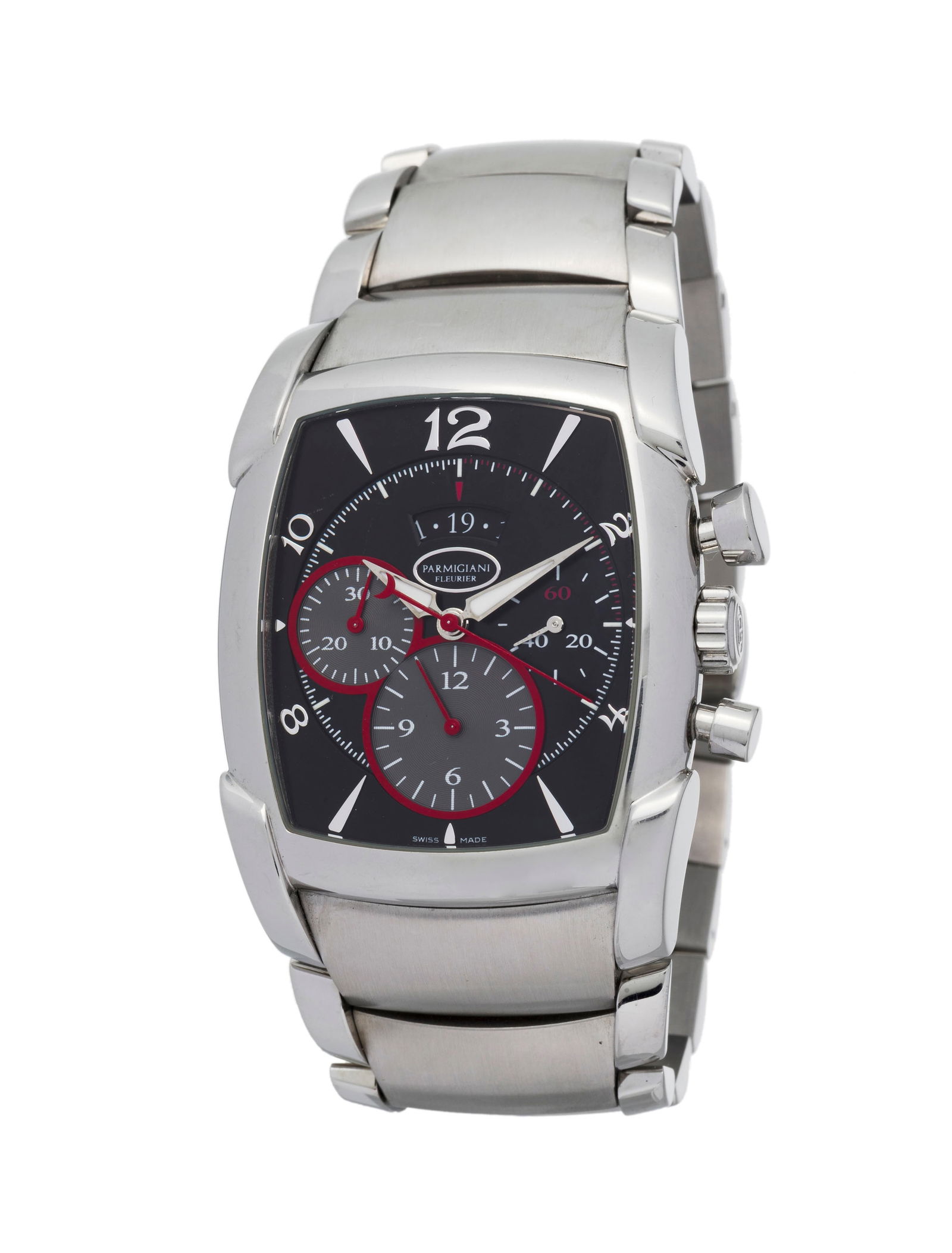 Parmigiani, Kalpagraphe, montre-bracelet chronographe en acier Mouvement: cal. 334, automatique, 6: Parmigiani, Kalpagraphe, montre-bracelet chronographe en acier Mouvement: cal. 334, automatique, 68 rubis Boîtier: n°30498, larg. 39 mm, fond en verre laissant apparaître le mouvement C