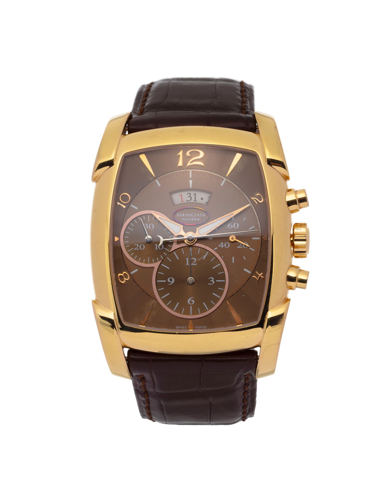 Parmigiani, Kalpagraphe, Ed. Limitée n°17/100, montre chronographe en or rose 750 Mouveme: Parmigiani, Kalpagraphe, Ed. Limitée n°17/100, montre chronographe en or rose 750 Mouvement: cal. 334, automatique, 68 rubis, n°040820 Boîtier: n°27677, larg. 39 mm, fond en