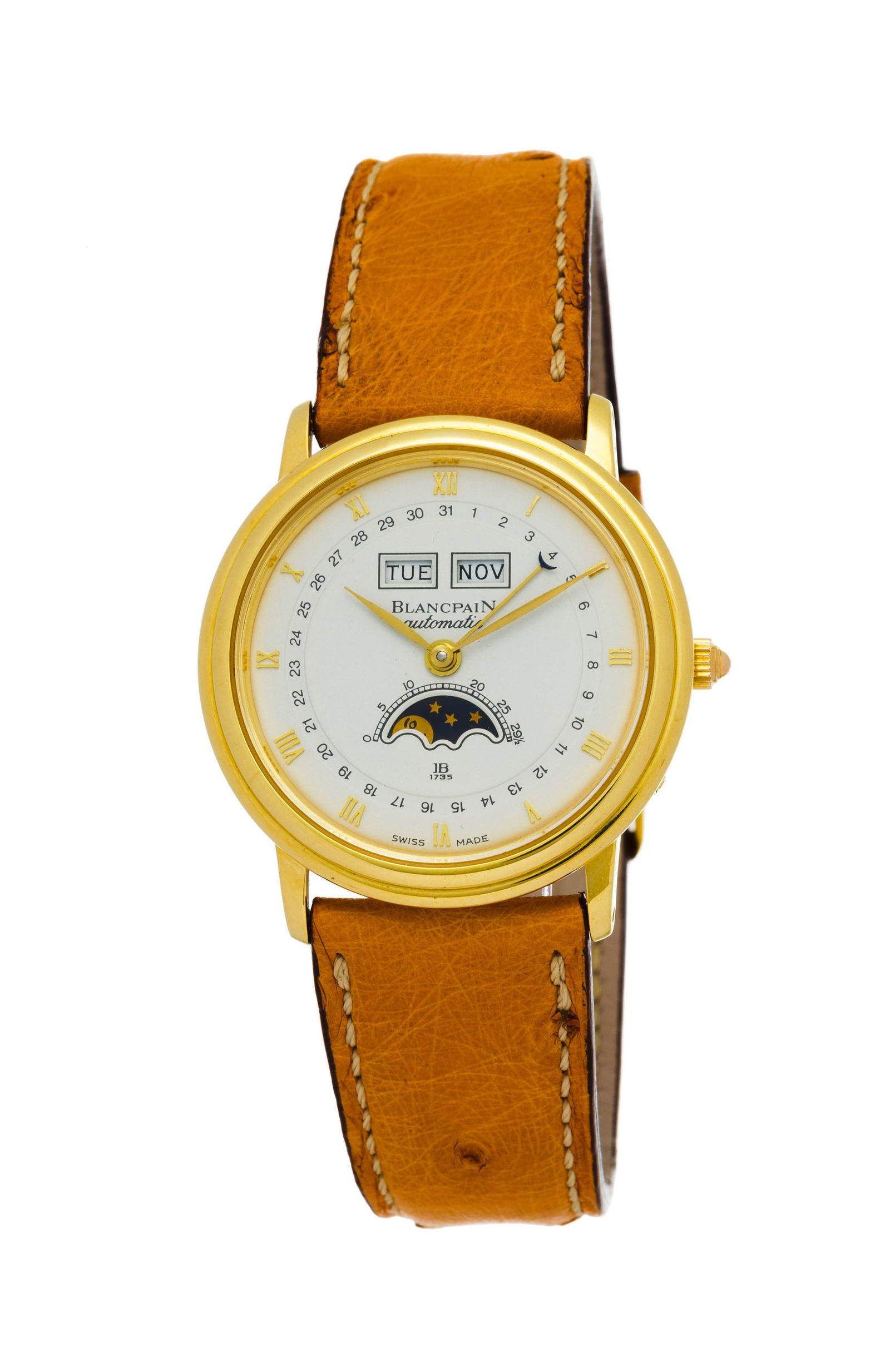 Blancpain, Villeret, montre en or 750 avec quantième et phases de lune Mouvement: cal. 95, au: Blancpain, Villeret, montre en or 750 avec quantième et phases de lune Mouvement: cal. 95, automatique, 19 rubis Boîtier: n°457, diam. 34 mm Complications: phases de lune, jour et mois