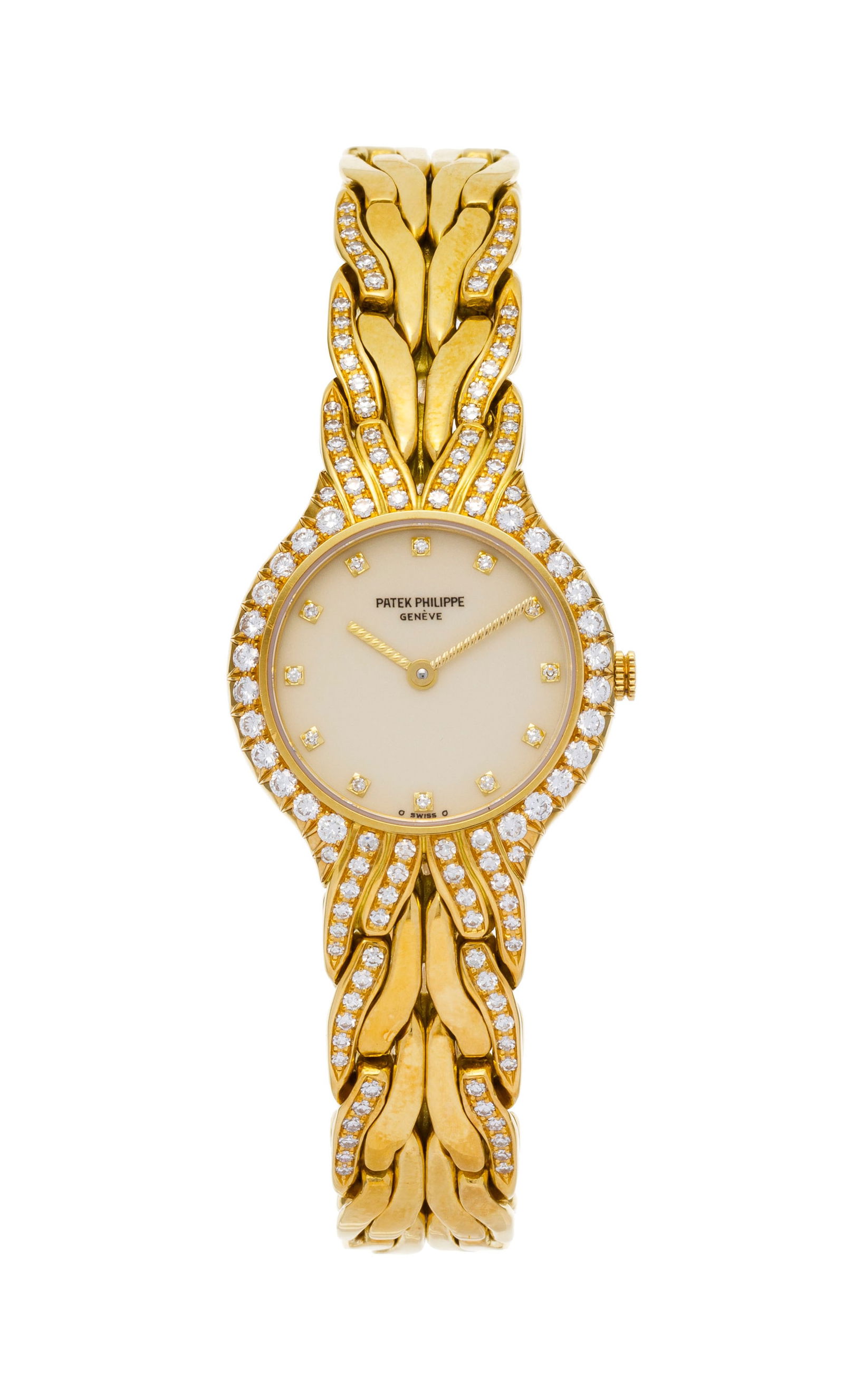 Patek Philippe, La Flamme, réf. 4816/3, montre-bracelet en or 750 sertie de diamants, anné: Patek Philippe, La Flamme, réf. 4816/3, montre-bracelet en or 750 sertie de diamants, années 1990 Mouvement: cal. E 15, quartz, 6 rubis, n°1610323 Boîtier: n°2882565, diam. 23