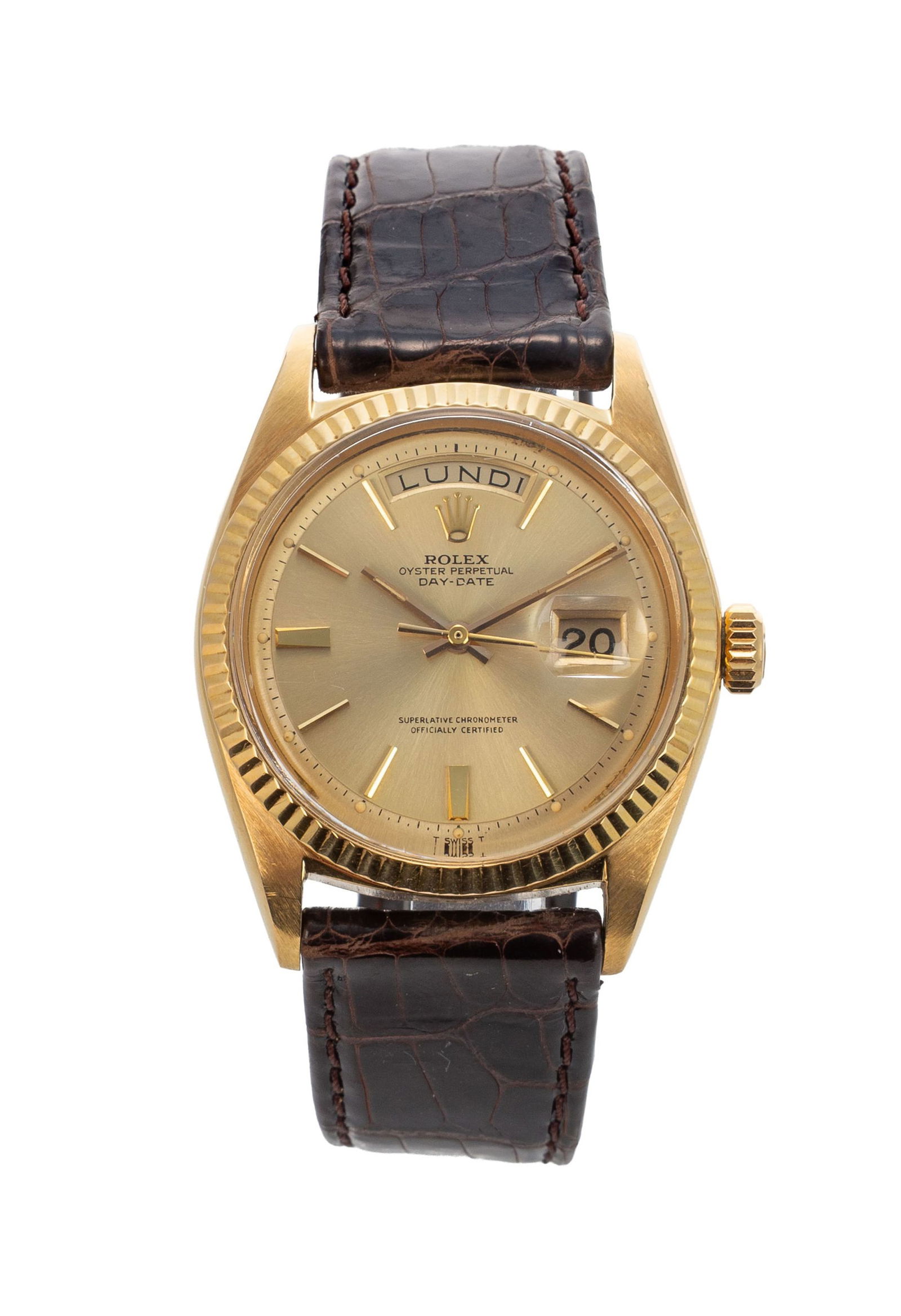 Rolex, Day-Date, réf. 1803, montre en or 750, circa 1965 Mouvement: cal. 1556, automatique, 2: Rolex, Day-Date, réf. 1803, montre en or 750, circa 1965 Mouvement: cal. 1556, automatique, 26 rubis, n°DD318982 Boîtier: n°1188162, diam. 35 mm Complications: indication du jo