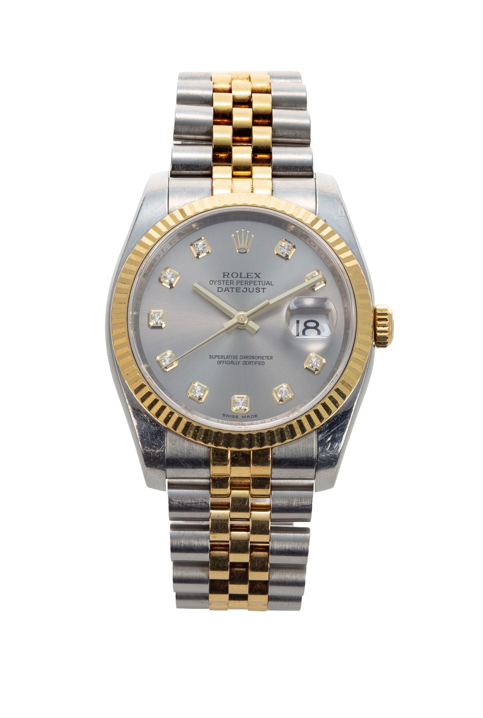 Rolex, Datejust, réf. 116233/2080, montre-bracelet en acier et or avec index sertis de diamants: Rolex, Datejust, réf. 116233/2080, montre-bracelet en acier et or avec index sertis de diamants, circa 2010 Mouvement: cal. 3135, automatique, 31 rubis, n°3 2303422 Boîtier: