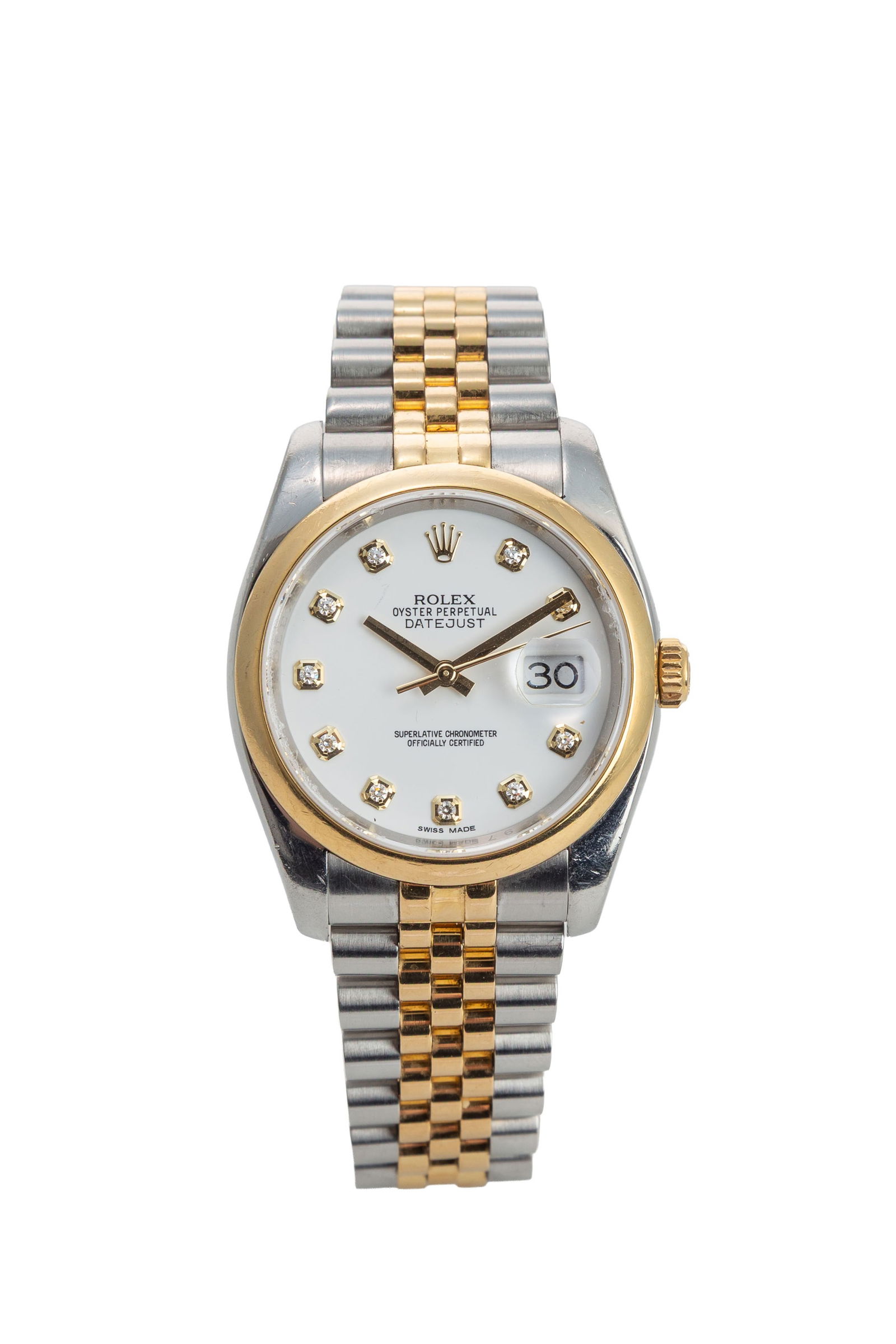 Rolex, Datejust, réf. 116203, montre-bracelet en acier et or avec index sertis de diamants Mo: Rolex, Datejust, réf. 116203, montre-bracelet en acier et or avec index sertis de diamants Mouvement: cal. 3135, automatique, 31 rubis, n°RZ503093 Boîtier: n°97EE5638, diam. 36 mm