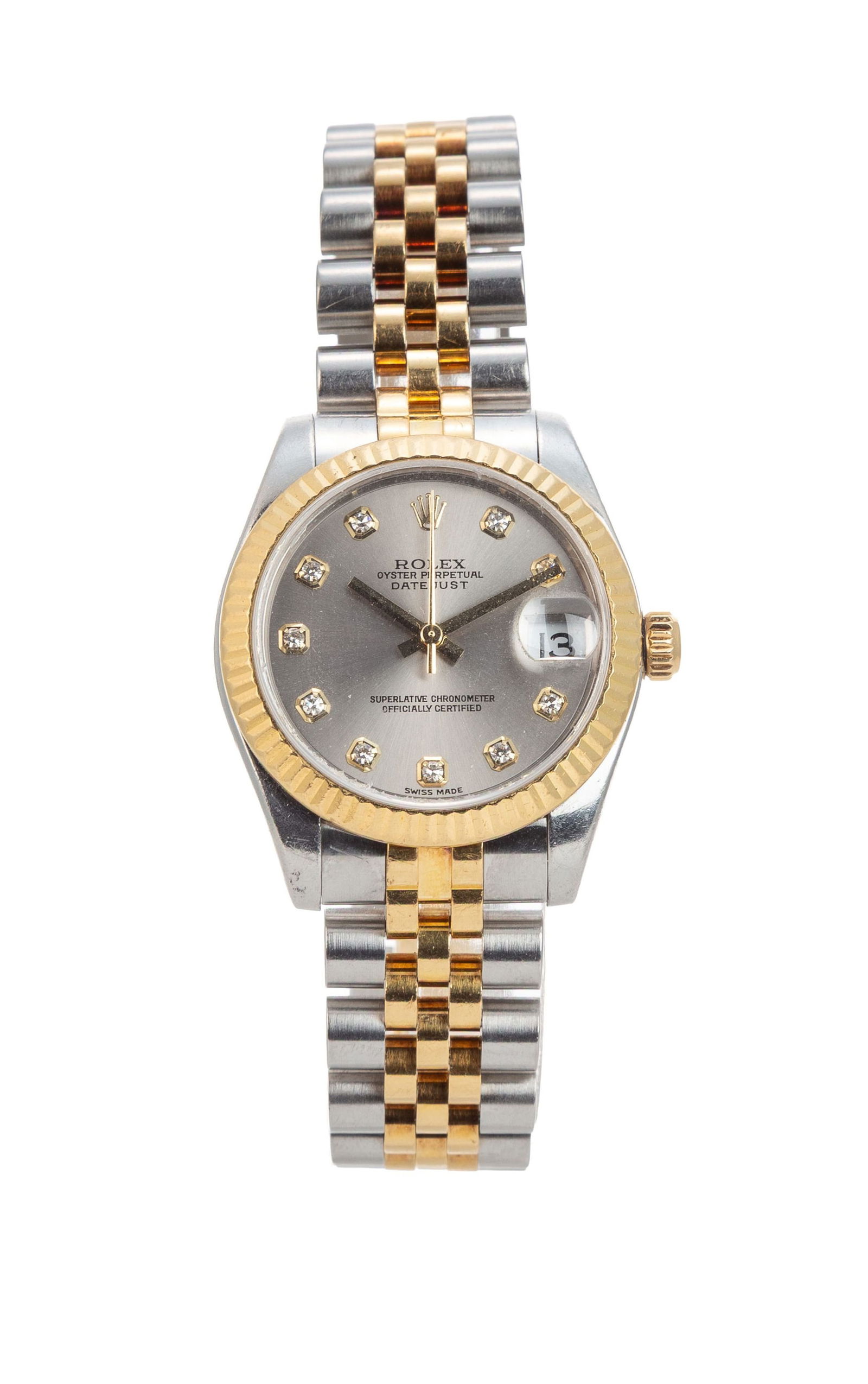 Rolex, Datejust, réf. 178273/2300, montre-bracelet en acier et or avec index sertis de diamants: Rolex, Datejust, réf. 178273/2300, montre-bracelet en acier et or avec index sertis de diamants, circa 2008 Mouvement: cal. 2235, automatique, 31 rubis, n°1846688 Boîtier: