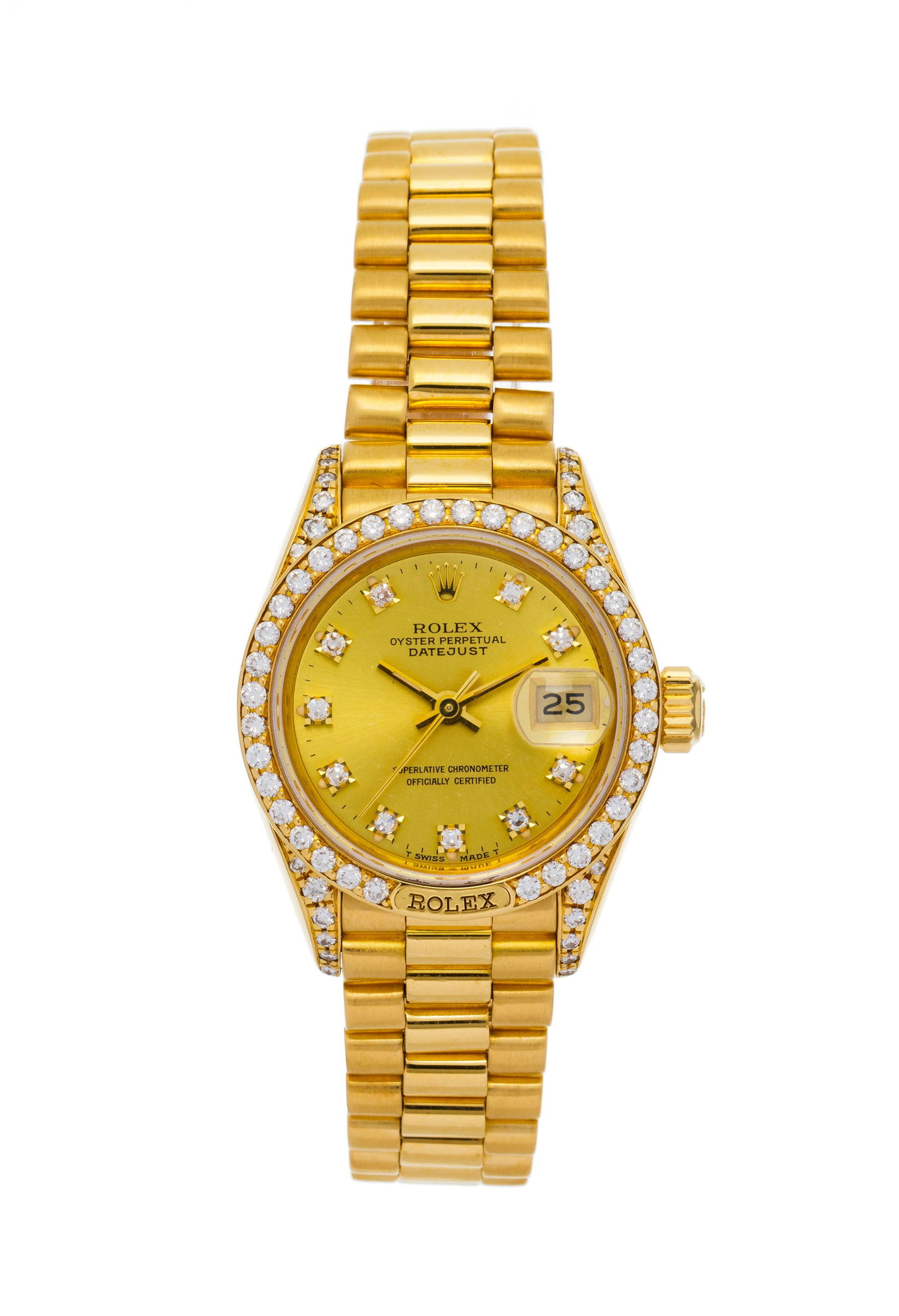 Rolex, Datejust, réf. 69158/69000A, montre-bracelet en or 750 sertie de diamants, circa 1988 : Rolex, Datejust, réf. 69158/69000A, montre-bracelet en or 750 sertie de diamants, circa 1988 Mouvement: cal. 2135, automatique, 29 rubis, n°1331043 Boîtier: n°R591800, diam. 26 mm