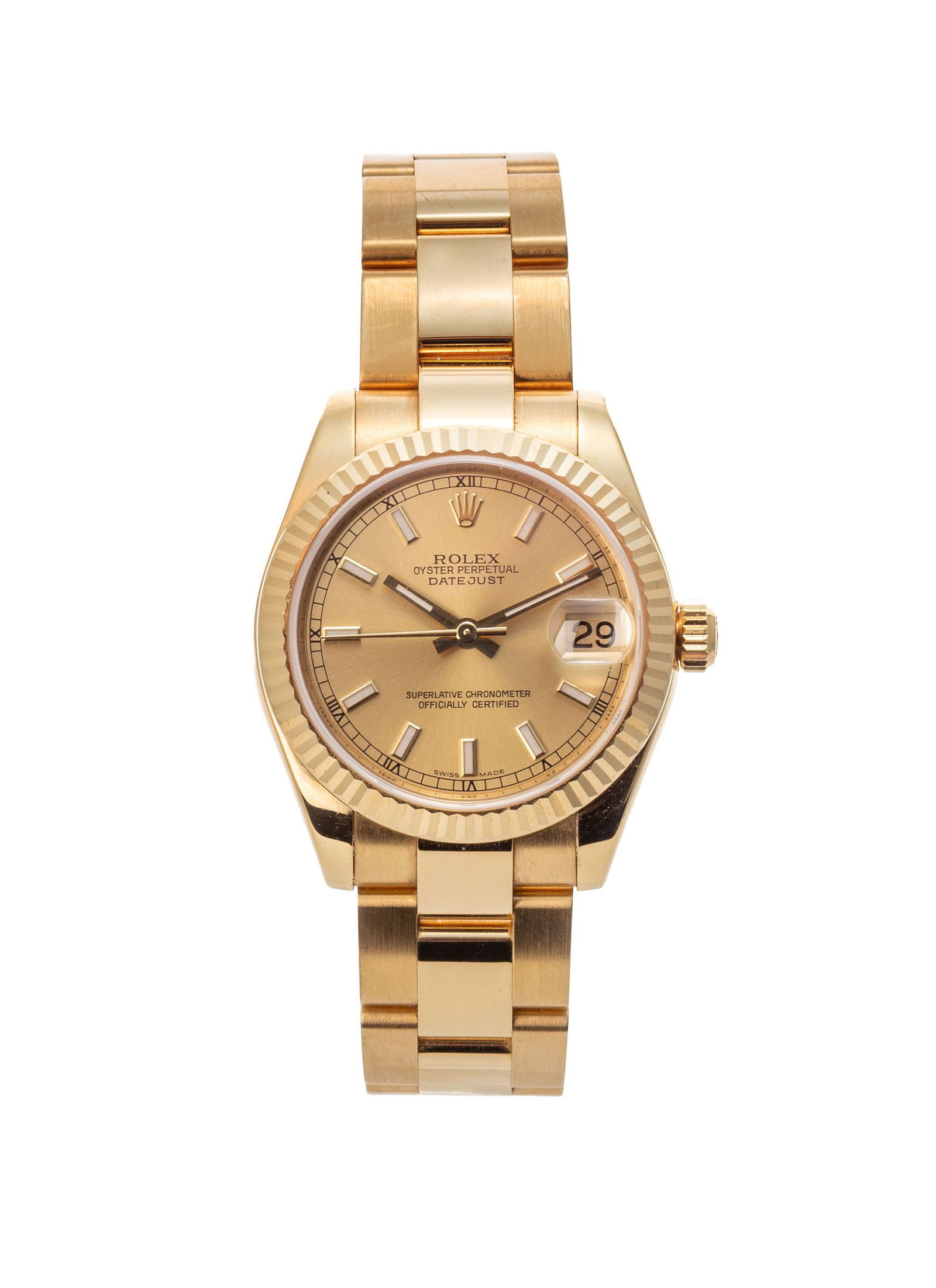 Rolex, Datejust, réf. 178278/2308, montre-bracelet en or 750, circa 2006 Mouvement: cal. 2235: Rolex, Datejust, réf. 178278/2308, montre-bracelet en or 750, circa 2006 Mouvement: cal. 2235, automatique, 31 rubis, n°1972819 Boîtier: n°D232378, diam. 31 mm Complication: date