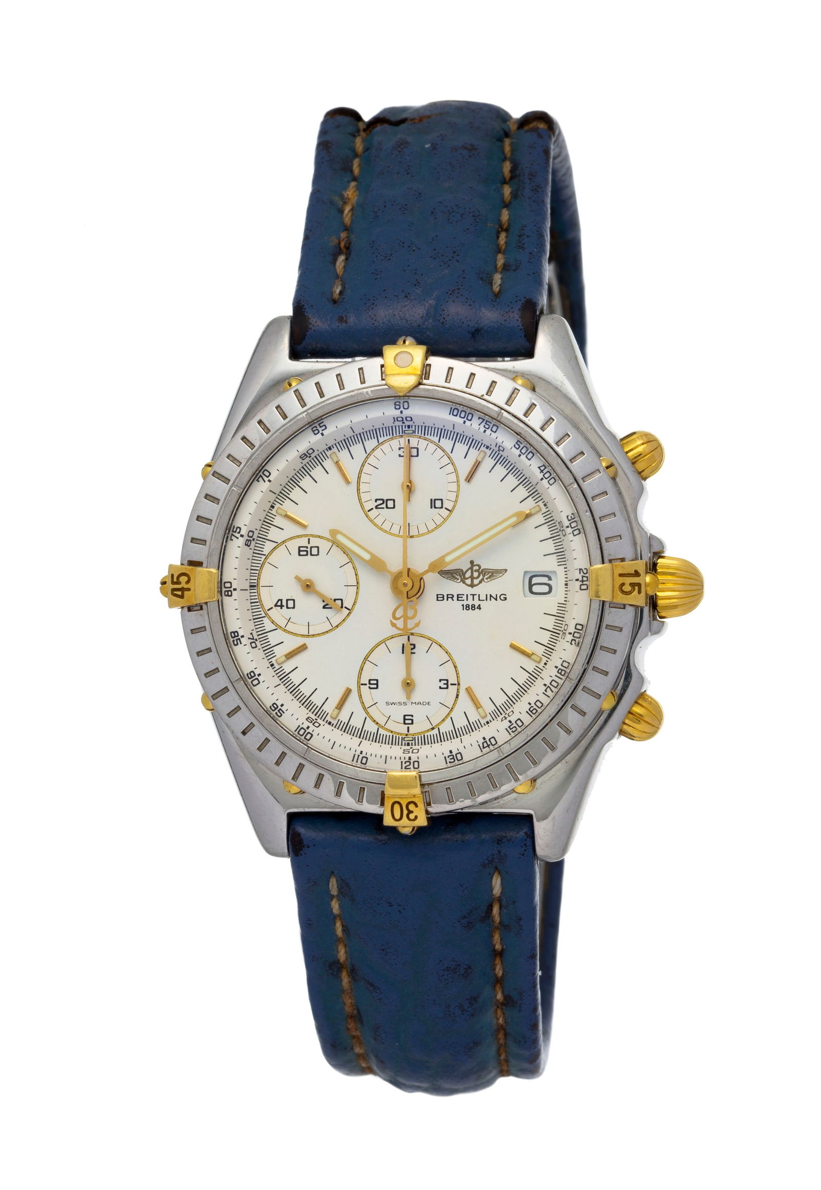 Breitling, Chronomat, réf. B13050, montre chronographe en acier bicolore Mouvement: cal. ETA : Breitling, Chronomat, réf. B13050, montre chronographe en acier bicolore Mouvement: cal. ETA 7750, automatique, 25 rubis Boîtier: n°107878, diam. 38 mm, lunette tournante unidirectionne