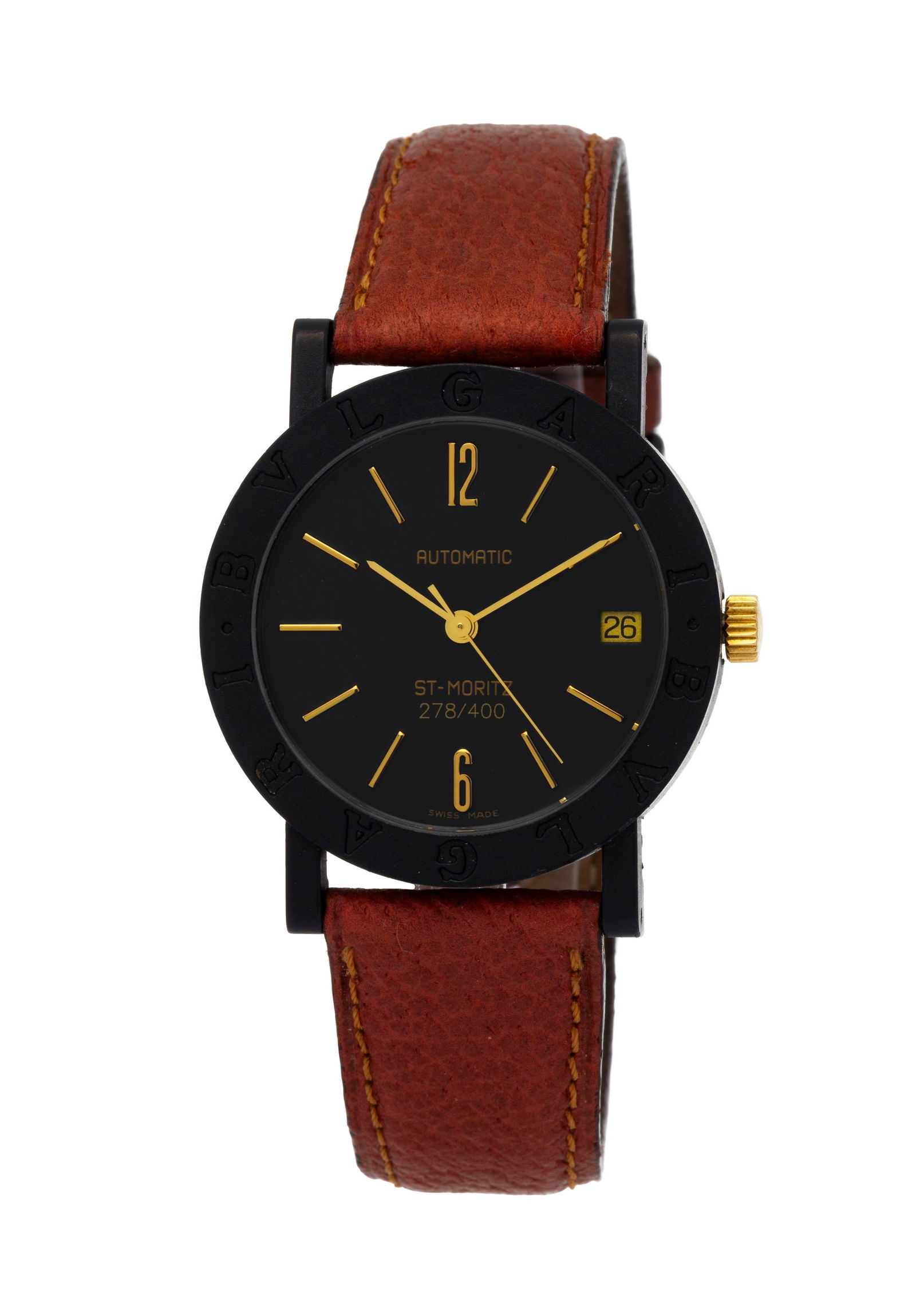 Bulgari, Ed. Limitée St-Moritz n°278/400, montre en plastique noir, circa 1994 Mouvement: Bulgari, Ed. Limitée St-Moritz n°278/400, montre en plastique noir, circa 1994 Mouvement: cal. ETA 2824-2, automatique, 25 rubis Boîtier: diam. 34 mm, fond en verre laissant