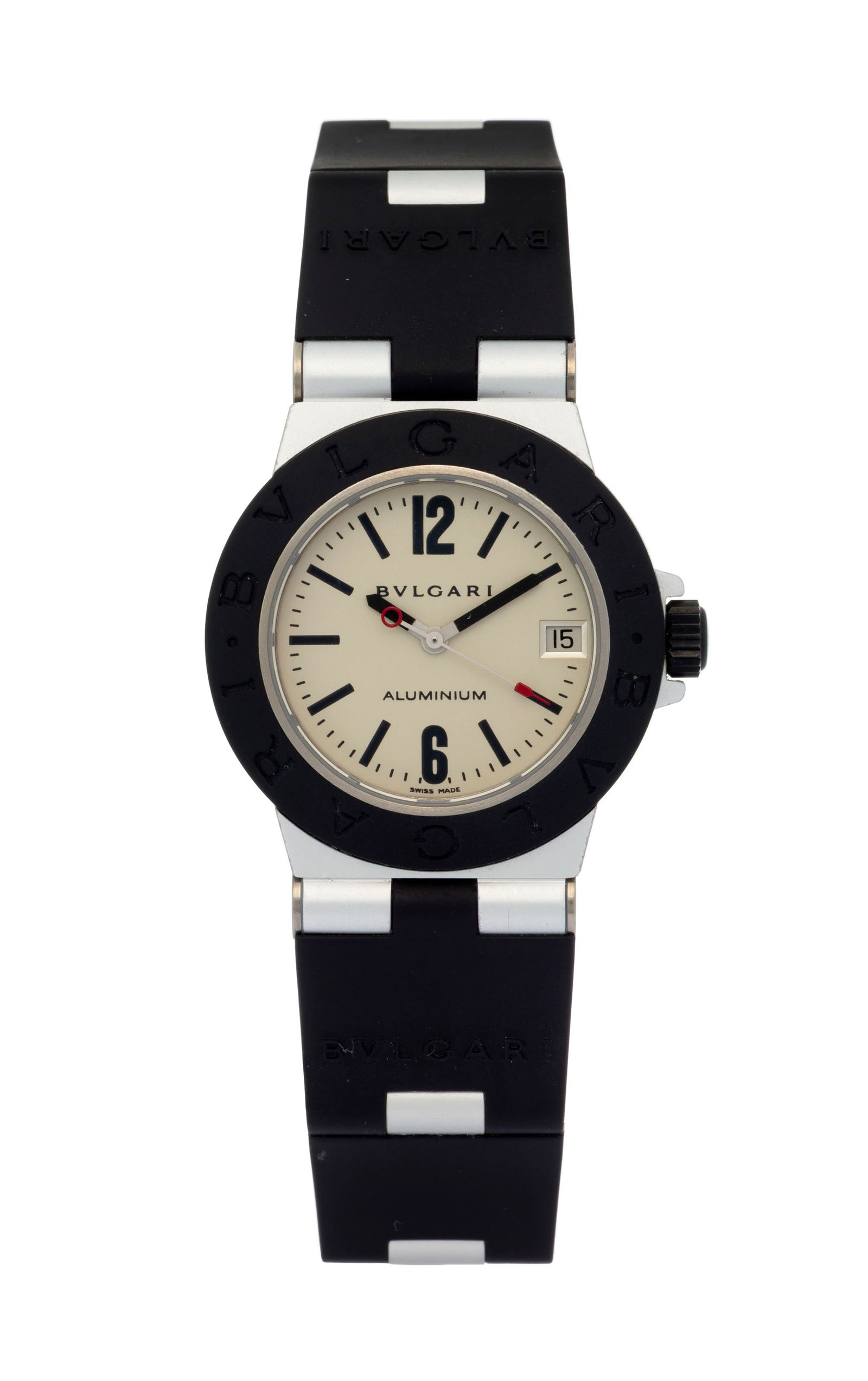 Bulgari, Diagono, réf. AL 32 TA, montre-bracelet en caoutchouc noir et titane Mouvement: quar: Bulgari, Diagono, réf. AL 32 TA, montre-bracelet en caoutchouc noir et titane Mouvement: quartz, 7 rubis Boîtier: n°L 35970, diam. 32 mm Complication: date à guichet Signature: