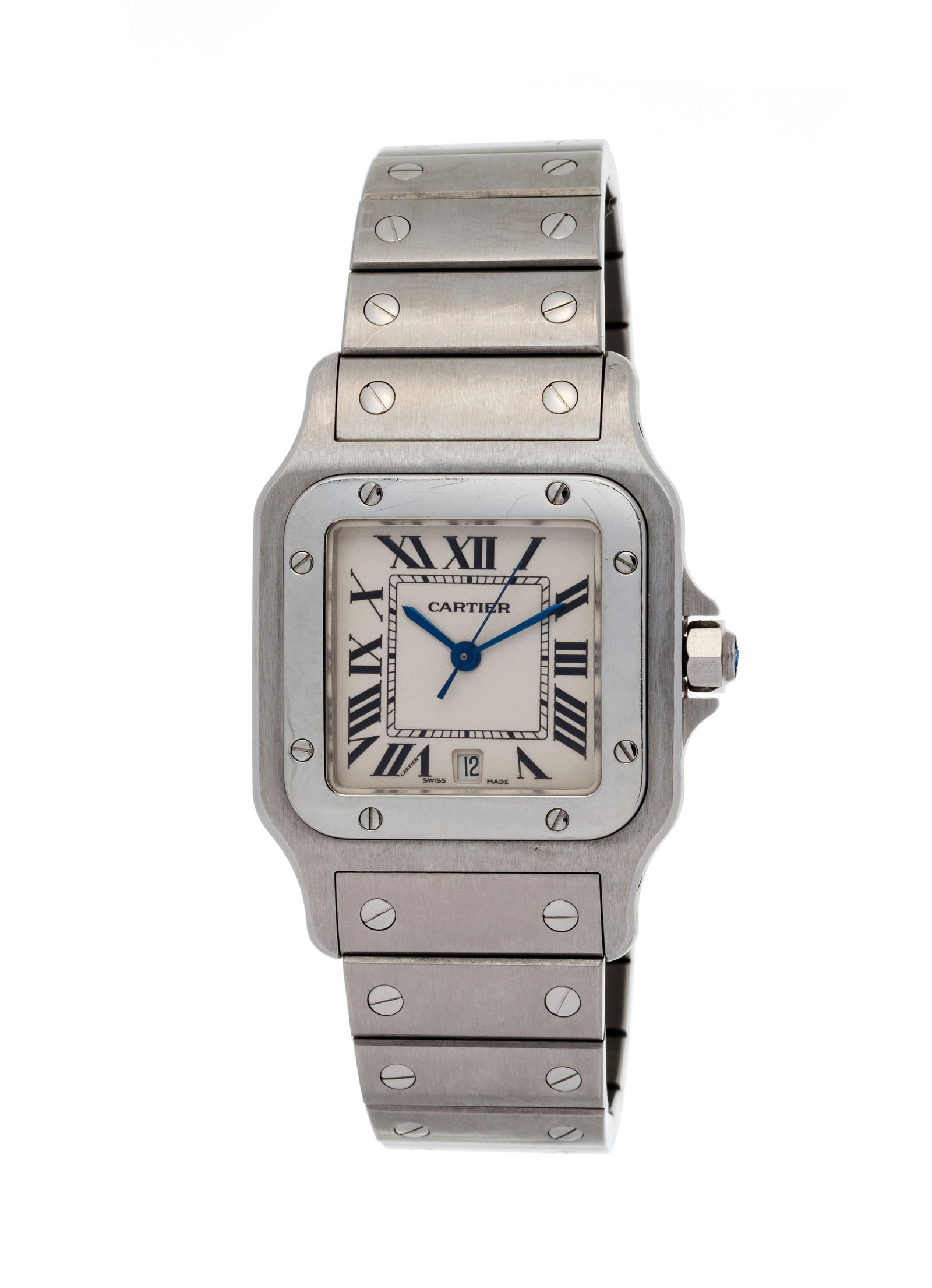 Cartier, Santos, réf. 1564, montre-bracelet en acier Mouvement: cal. 687, quartz, 7 rubis B: Cartier, Santos, réf. 1564, montre-bracelet en acier Mouvement: cal. 687, quartz, 7 rubis Boîtier: n°217481 PX, larg. 29 mm Complication: date à guichet Signature: cadran, mouvemen