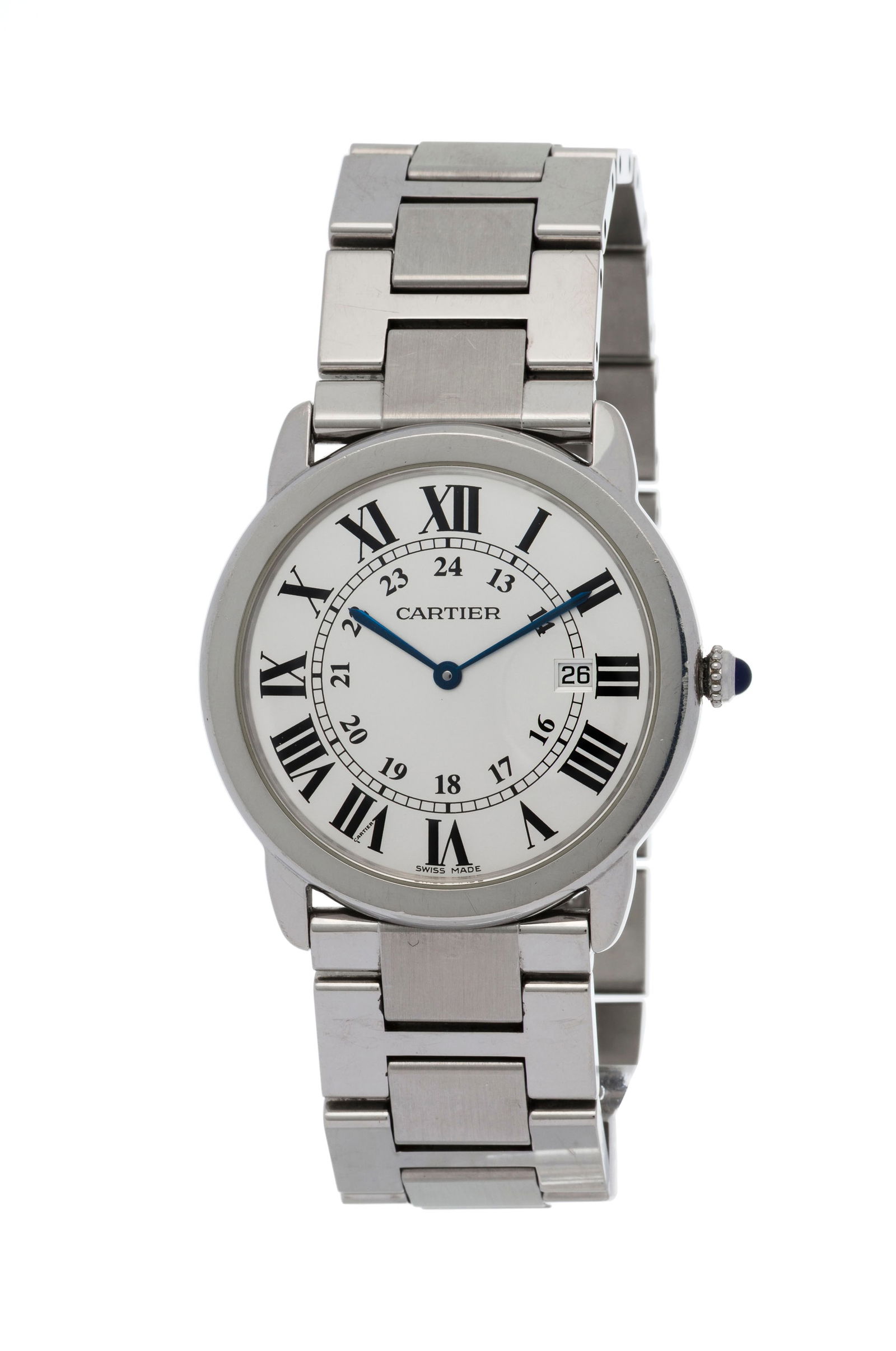 Cartier, Ronde Solo, réf. 2934, montre-bracelet en acier Mouvement: cal. 115A, quartz, 7 rubi: Cartier, Ronde Solo, réf. 2934, montre-bracelet en acier Mouvement: cal. 115A, quartz, 7 rubis Boîtier: n°725660QX, diam. 36 mm Complication: date à guichet Signature: cadran,