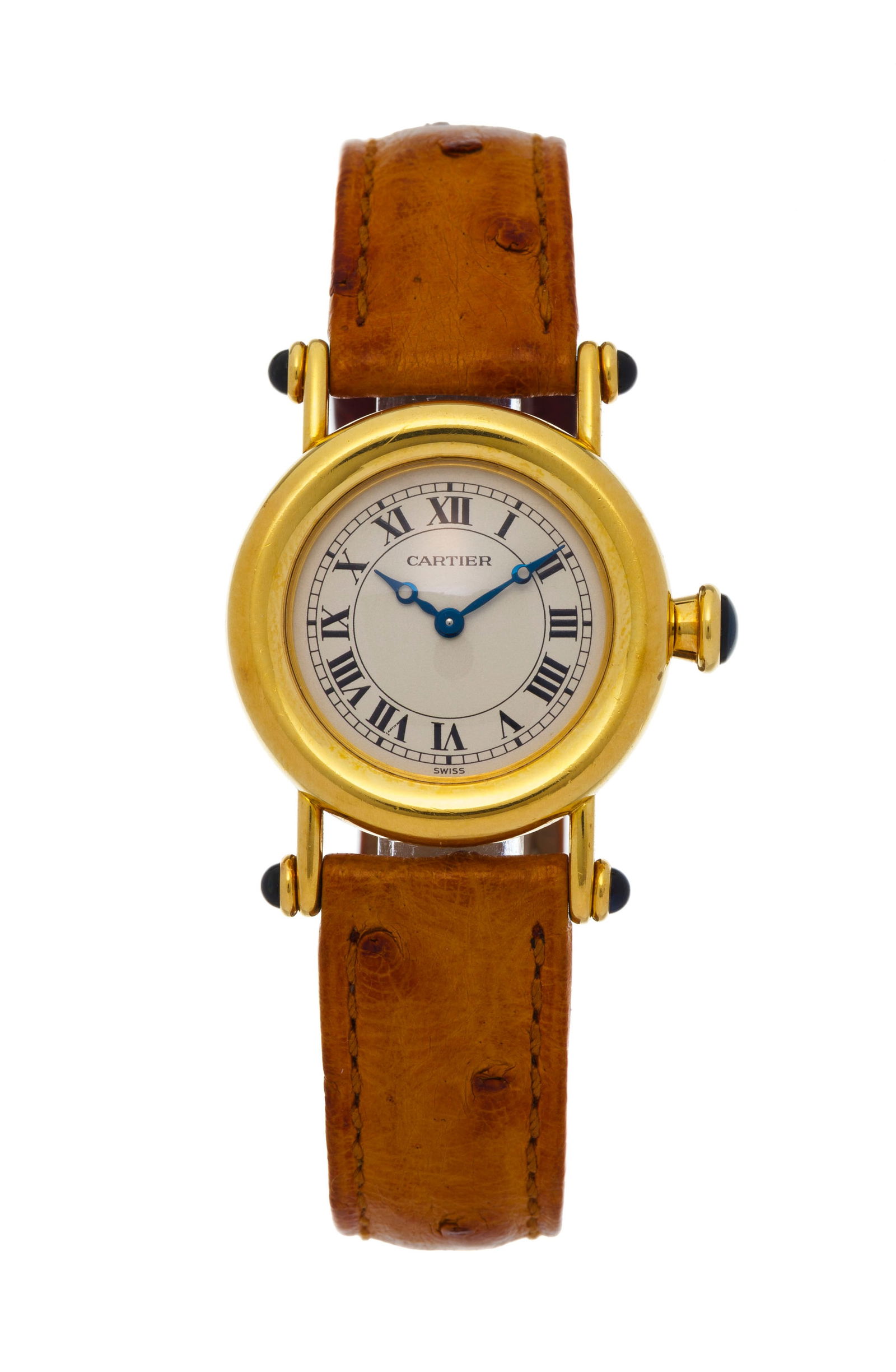 Cartier, Diabolo, réf. 1440, montre en or 750, années 1990 Mouvement: cal. 157.06, quart: Cartier, Diabolo, réf. 1440, montre en or 750, années 1990 Mouvement: cal. 157.06, quartz, 4 rubis Boîtier: n°C115492, diam. 27 mm Bracelet Cartier: autruche brun avec boucle