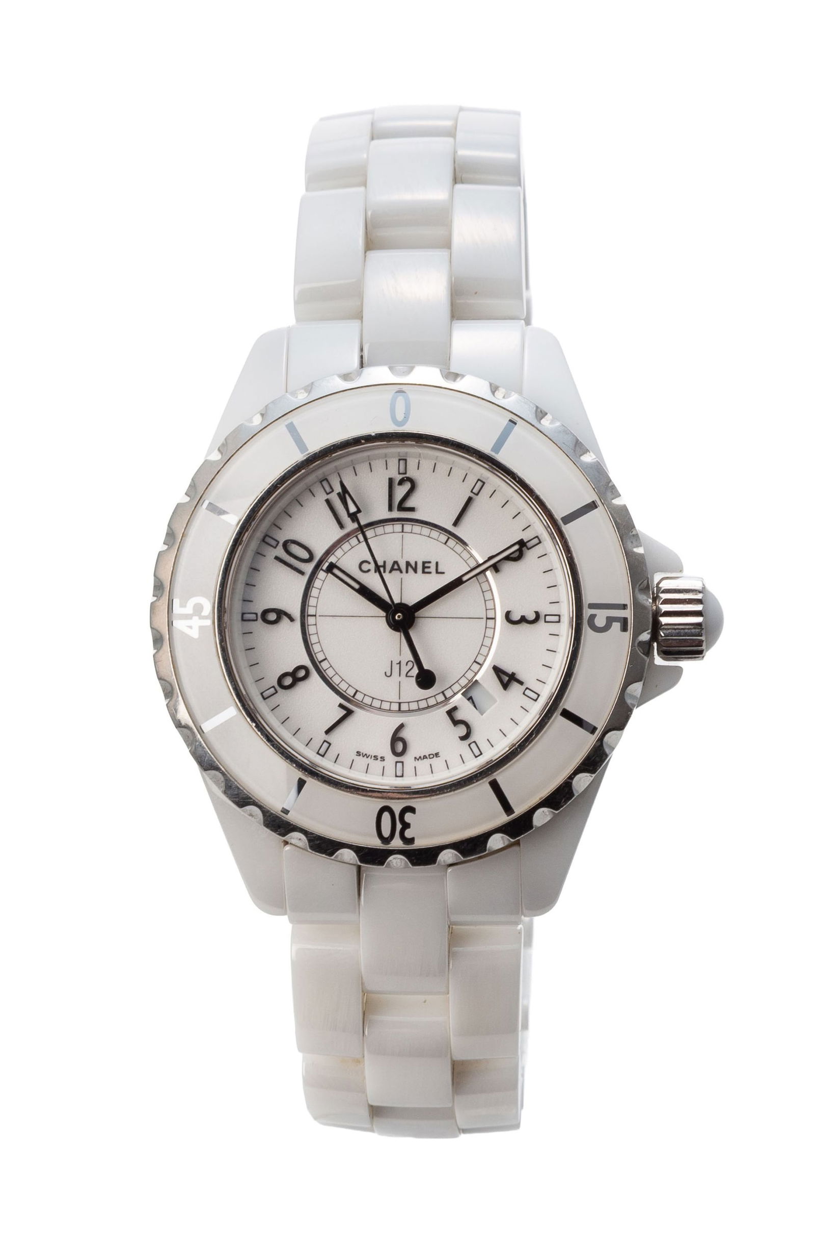 Chanel, J12, montre-bracelet en céramique blanche et acier Mouvement: cal. ETA 956.612, quart: Chanel, J12, montre-bracelet en céramique blanche et acier Mouvement: cal. ETA 956.612, quartz, 7 rubis Boîtier: n°L.E. 79278, diam. 34 mm, lunette tournante unidirectionnelle Complicat