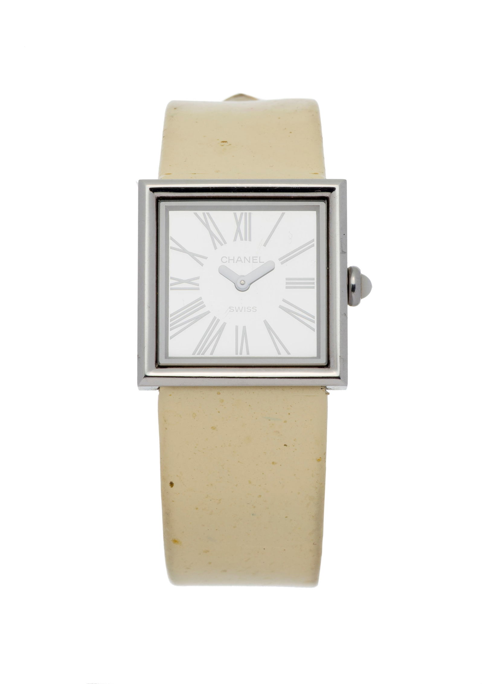 Chanel, Mademoiselle, Ed. Limitée n°073/500, montre en acier Mouvement: quartz Boî: Chanel, Mademoiselle, Ed. Limitée n°073/500, montre en acier Mouvement: quartz Boîtier: larg. 23 mm Bracelet: cuir blanc avec boucle déployante acier Chanel Signature: cadran,