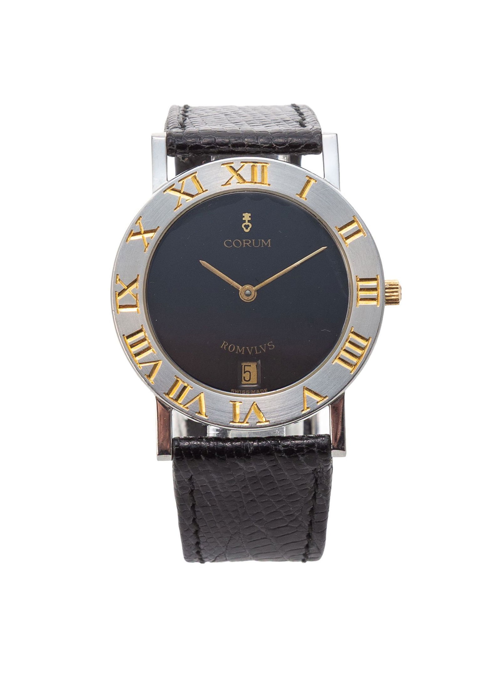 Corum, Romulus, réf. 43.901.21, montre en acier avec indication de la date Mouvement: cal. ET: Corum, Romulus, réf. 43.901.21, montre en acier avec indication de la date Mouvement: cal. ETA 255.441, quartz, 6 rubis, n°309324 Boîtier: n°492089, diam. 31 mm Complication: date