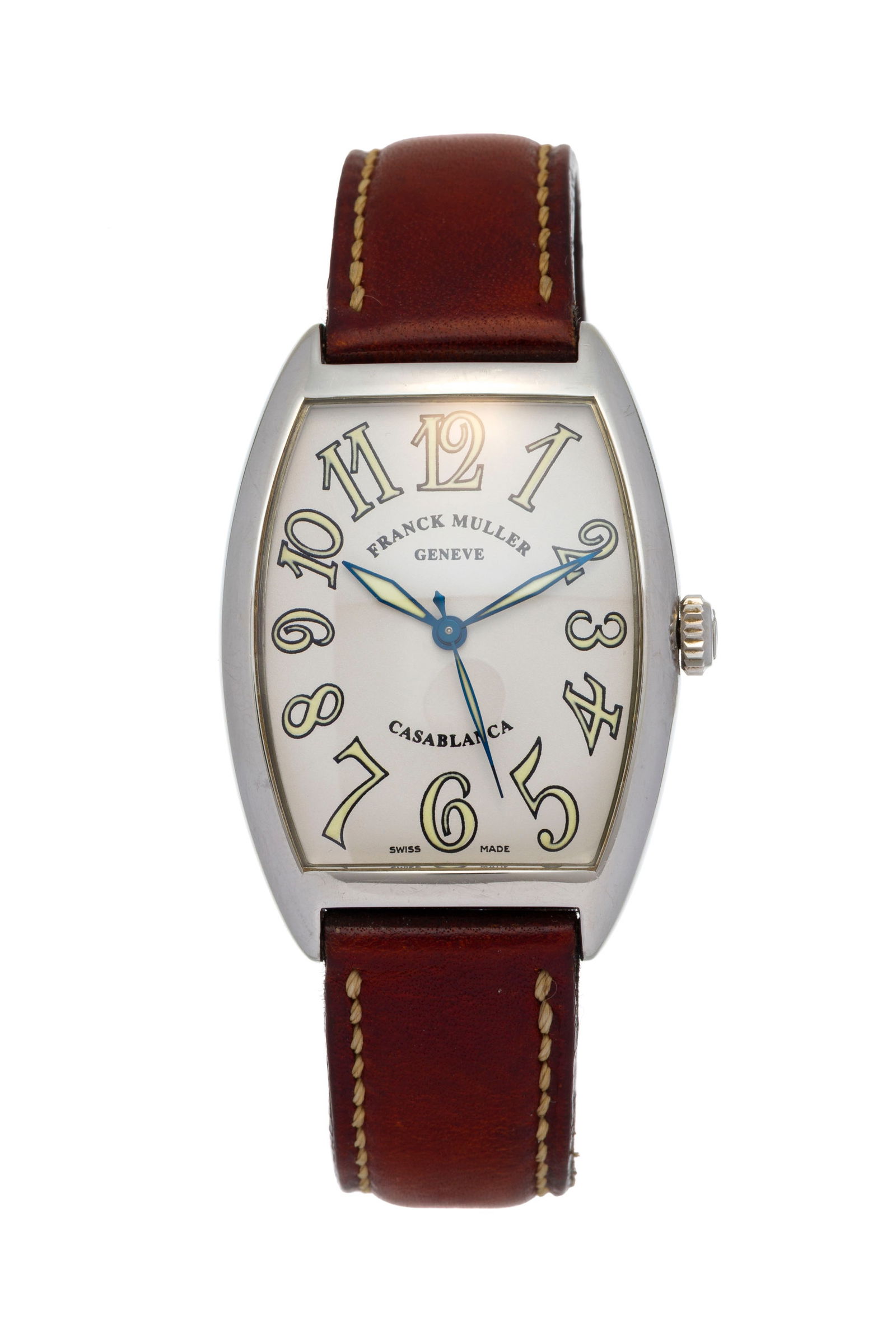 Franck Muller, Casablanca, réf. 2852, montre en acier Mouvement: cal. 2800 WW, automatique : Franck Muller, Casablanca, réf. 2852, montre en acier Mouvement: cal. 2800 WW, automatique Boîtier: n°3265, larg. 31 mm Bracelet Franck Muller: cuir marron avec boucle ardillon acier