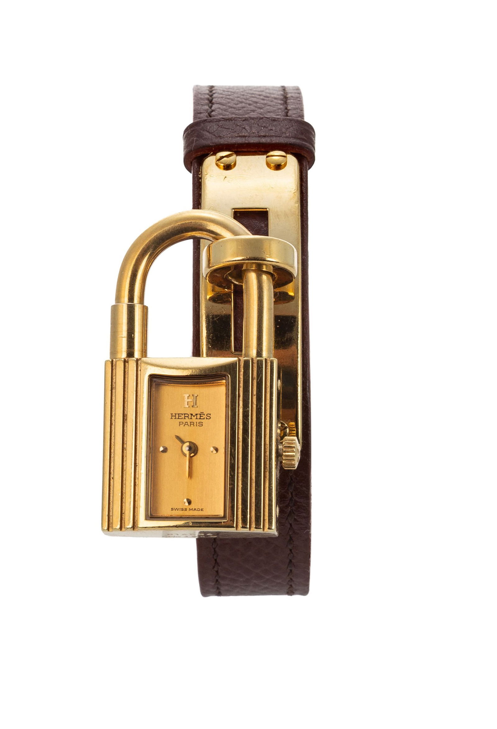 Hermès, Kelly, montre plaqué or Mouvement: cal. ETA 980.003, quartz, 7 rubis Boî: Hermès, Kelly, montre plaqué or Mouvement: cal. ETA 980.003, quartz, 7 rubis Boîtier: n°614534, larg. 20 mm Bracelet Hermès: cuir marron avec boucle ardillon plaqué or