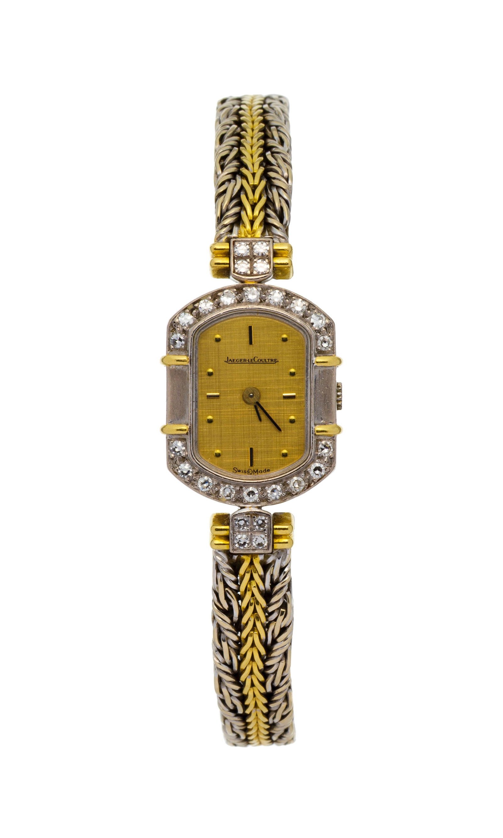 Jaeger-LeCoultre, montre-bracelet 2 ors 750 sertie de diamants, années 1980 Mouvement: cal. 6: Jaeger-LeCoultre, montre-bracelet 2 ors 750 sertie de diamants, années 1980 Mouvement: cal. 601, quartz, 3 rubis, n°2382882 Boîtier: n°Q 100080 9/1599701, larg. 15 mm Signature: