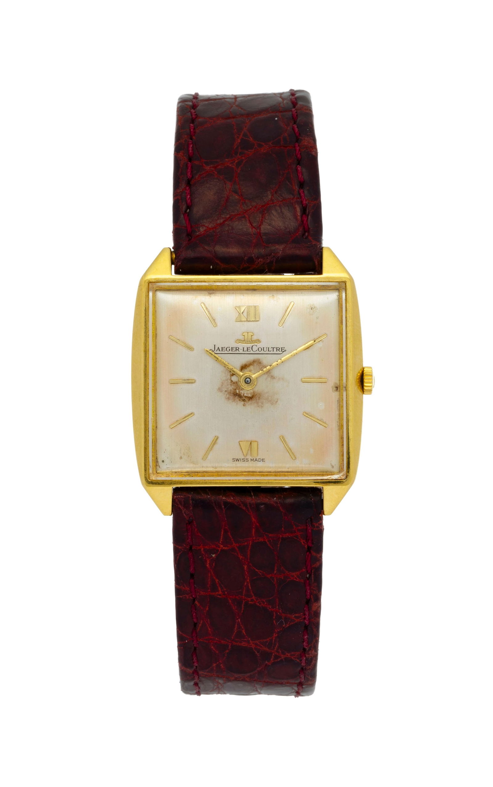 Jaeger-LeCoultre, montre en or 750, années 1950 Mouvement: cal. 818/2, mécanique, n°: Jaeger-LeCoultre, montre en or 750, années 1950 Mouvement: cal. 818/2, mécanique, n°2204516 Boîtier: n°914144A/1931, larg. 28 mm Bracelet: croco bordeaux Signature: cadran,