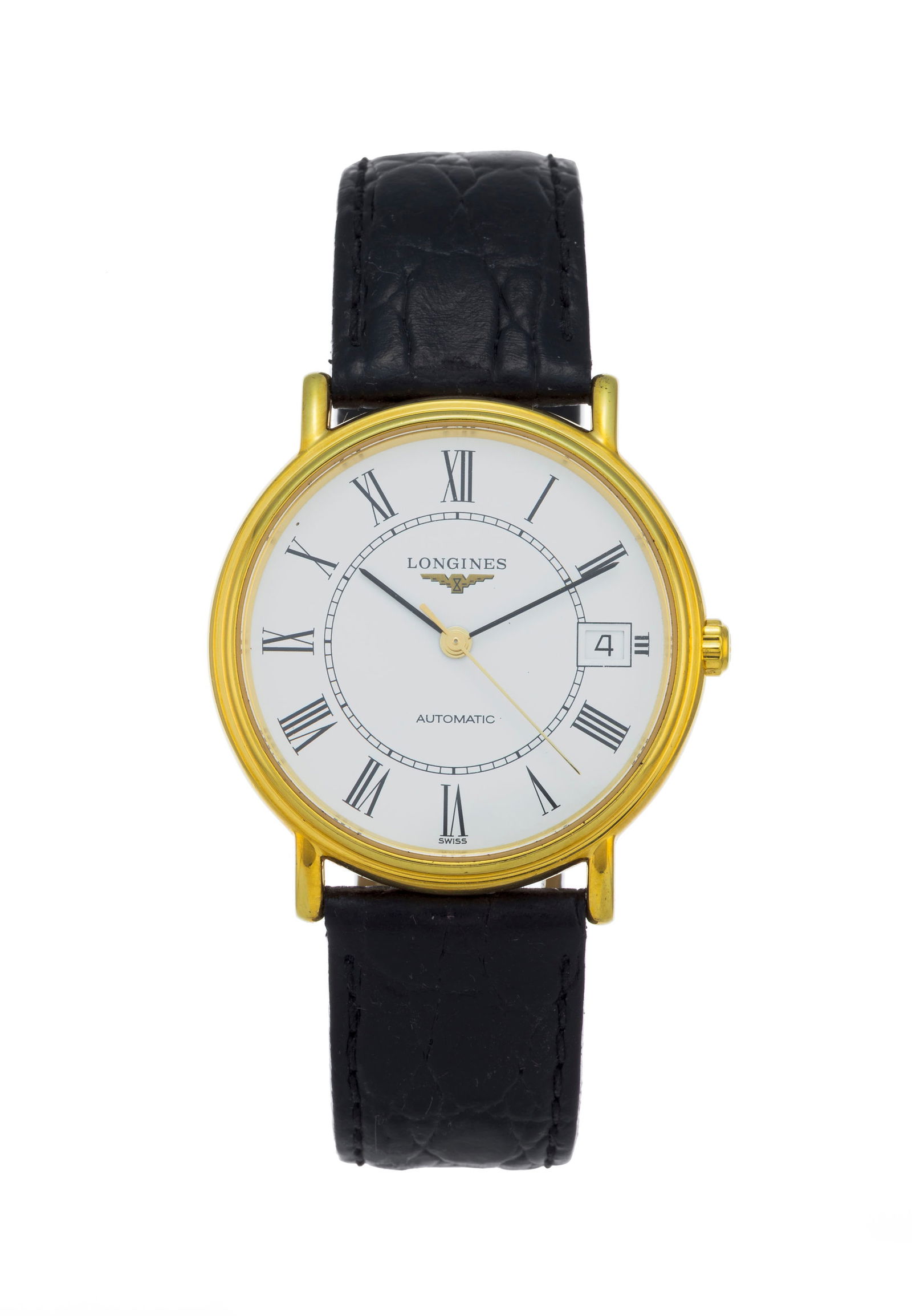 Longines, Presence, réf. L4.821.2, montre plaqué or avec indication de la date Mouvement: Longines, Presence, réf. L4.821.2, montre plaqué or avec indication de la date Mouvement: cal. L882.2, automatique, 21 rubis Boîtier: n°46988694, diam. 34 mm, fond en verre laissan