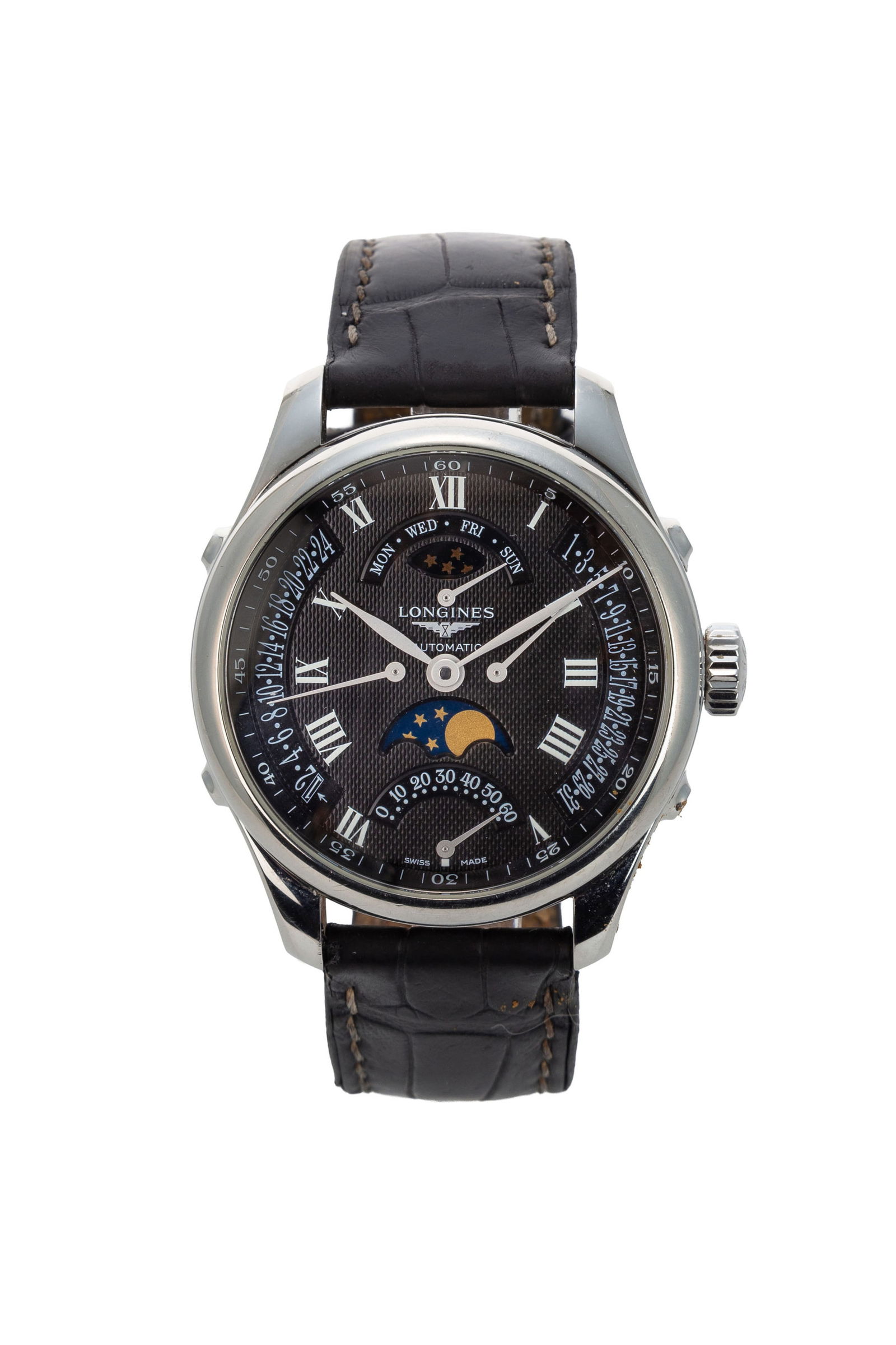 Longines, Master Collection, réf. L2.738.4, montre petite seconde en acier avec calendrier et p: Longines, Master Collection, réf. L2.738.4, montre petite seconde en acier avec calendrier et phases de lune Mouvement: cal. L 707.2 , automatique, 25 rubis Boîtier: n°37251351, diam. 4