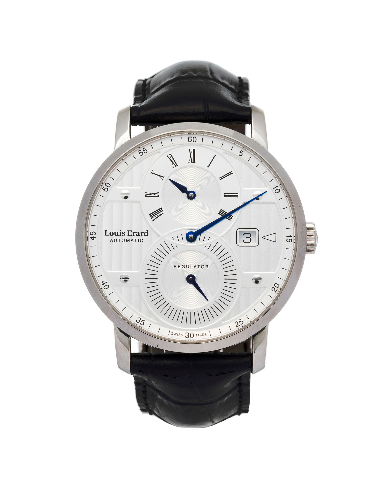 Louis Erard, Regulator, montre en acier Mouvement: cal. SW200-1, automatique Boîtier: n: Louis Erard, Regulator, montre en acier Mouvement: cal. SW200-1, automatique Boîtier: n°236, diam. 42 mm Complications: régulateur, date à guichet Bracelet Louis Erard: croco noir