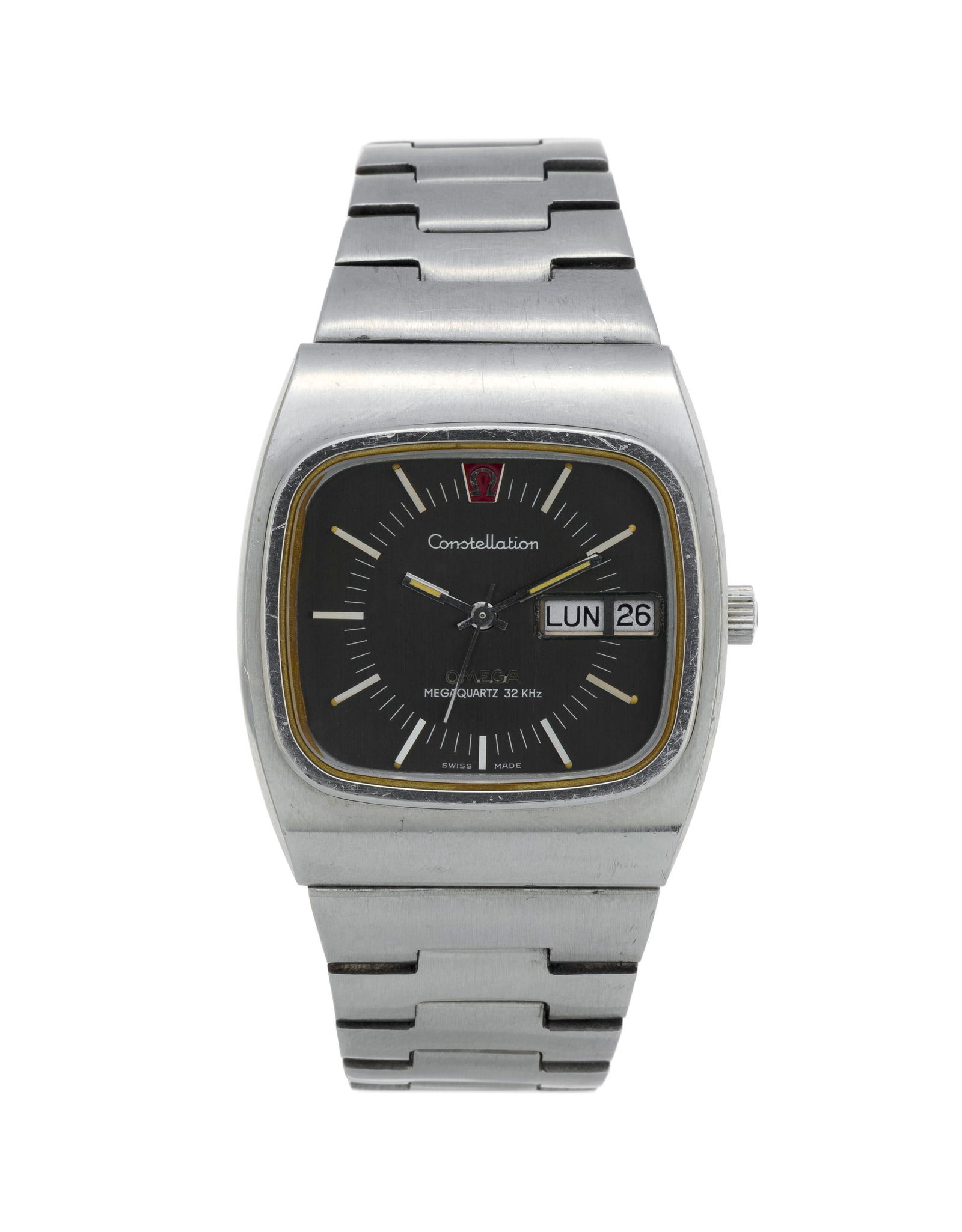 Omega, _Constellation, Megaquart_z, réf. 196.0016/396.0811, montre-bracelet en acier avec indic: Omega, _Constellation, Megaquart_z, réf. 196.0016/396.0811, montre-bracelet en acier avec indication du jour et de la date Mouvement: cal. 1310, quartz, 8 rubis, n°35868244 Boîtier: lar