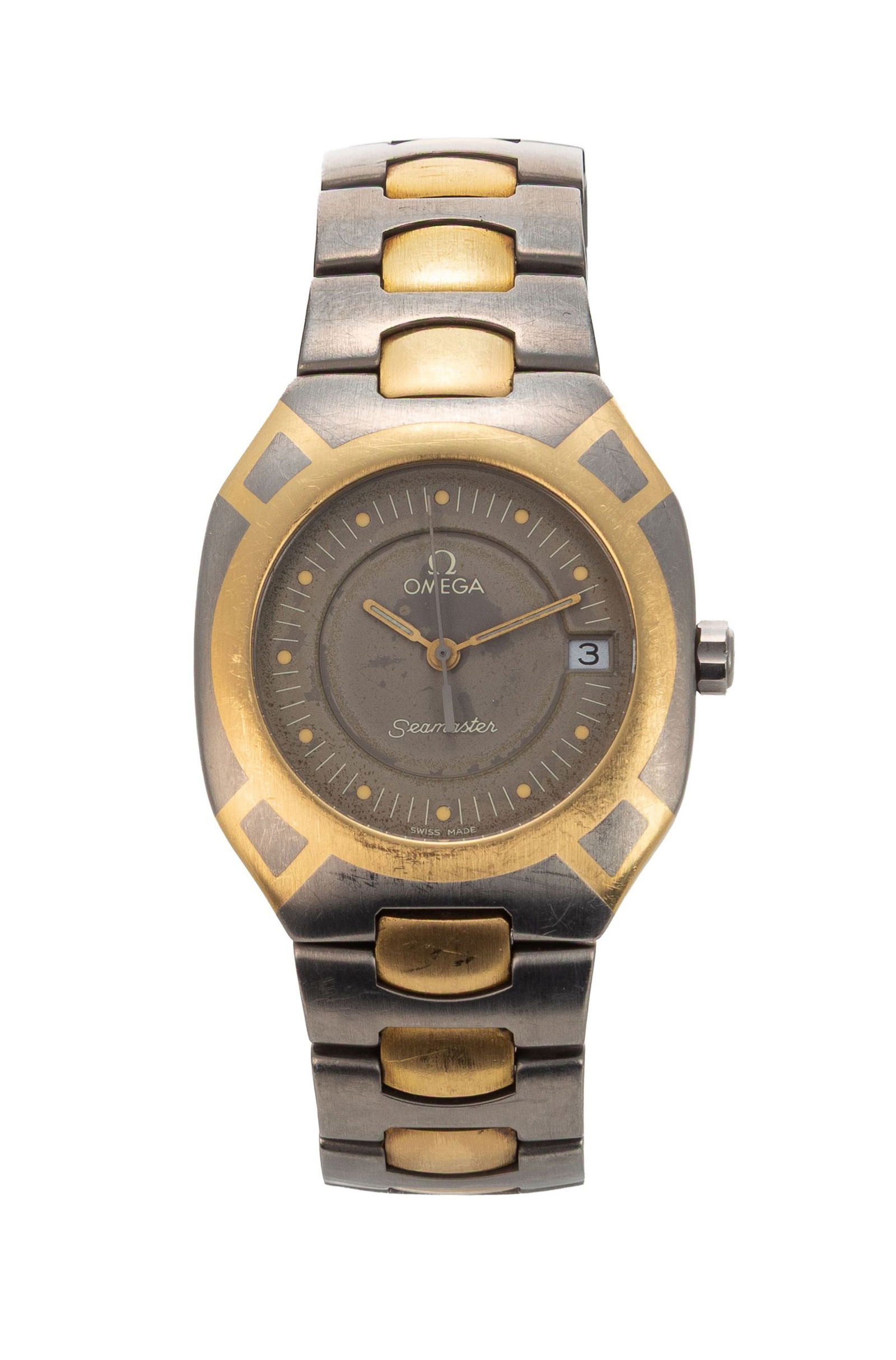 Omega, Seamaster Polaris, réf. 196.0257/396.0952, montre-bracelet en titane et or Mouvement:: Omega, Seamaster Polaris, réf. 196.0257/396.0952, montre-bracelet en titane et or Mouvement: quartz Boîtier: larg. 31 mm Complication: date à guichet Signature: cadran, boîtier,